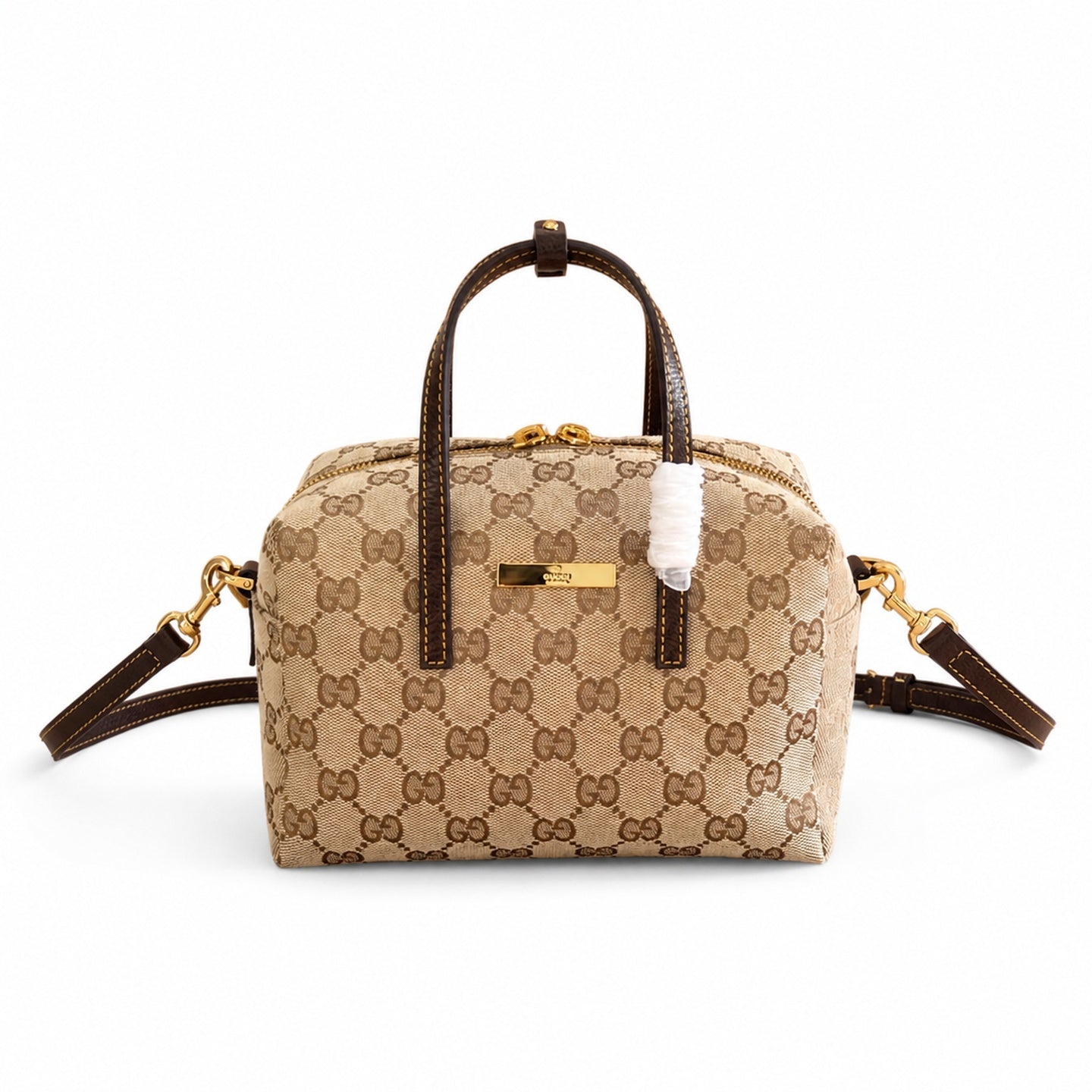 Gucci Small Denim Canvas Leather Brown Blue Boston Bag