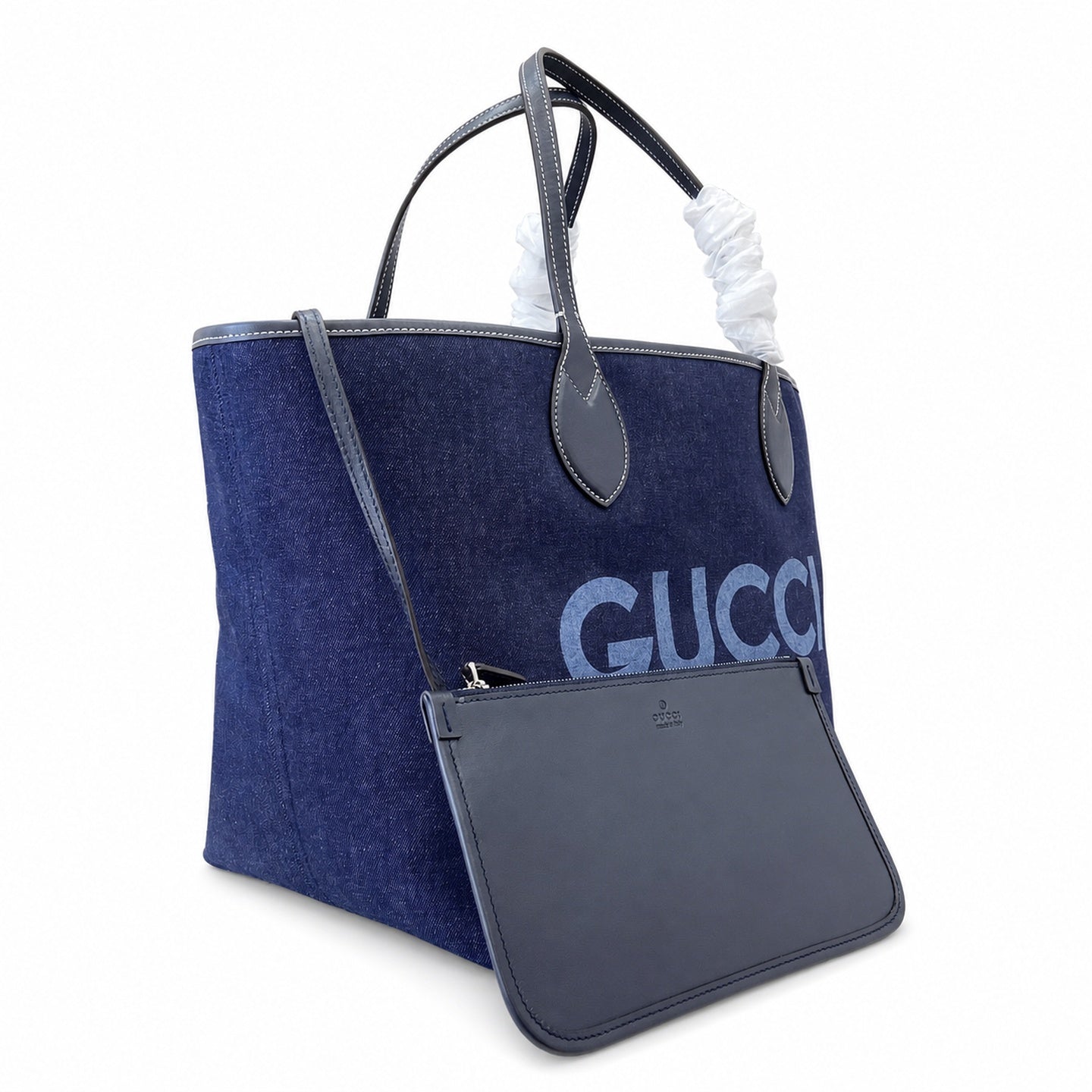 Gucci Supreme Reversible Medium Denim Canvas Leather Beige Blue Handbag