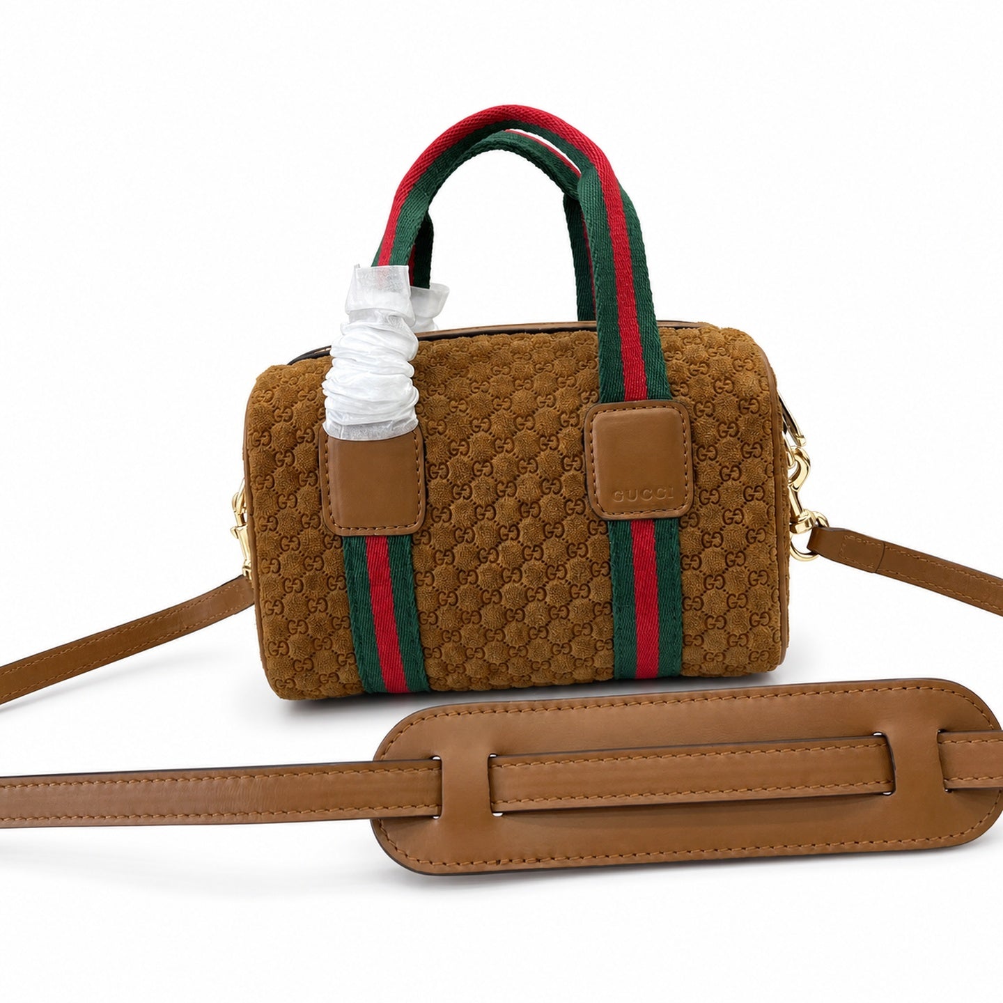 Gucci Mini Cotton Denim Suede Leather Brown Gold Handbag