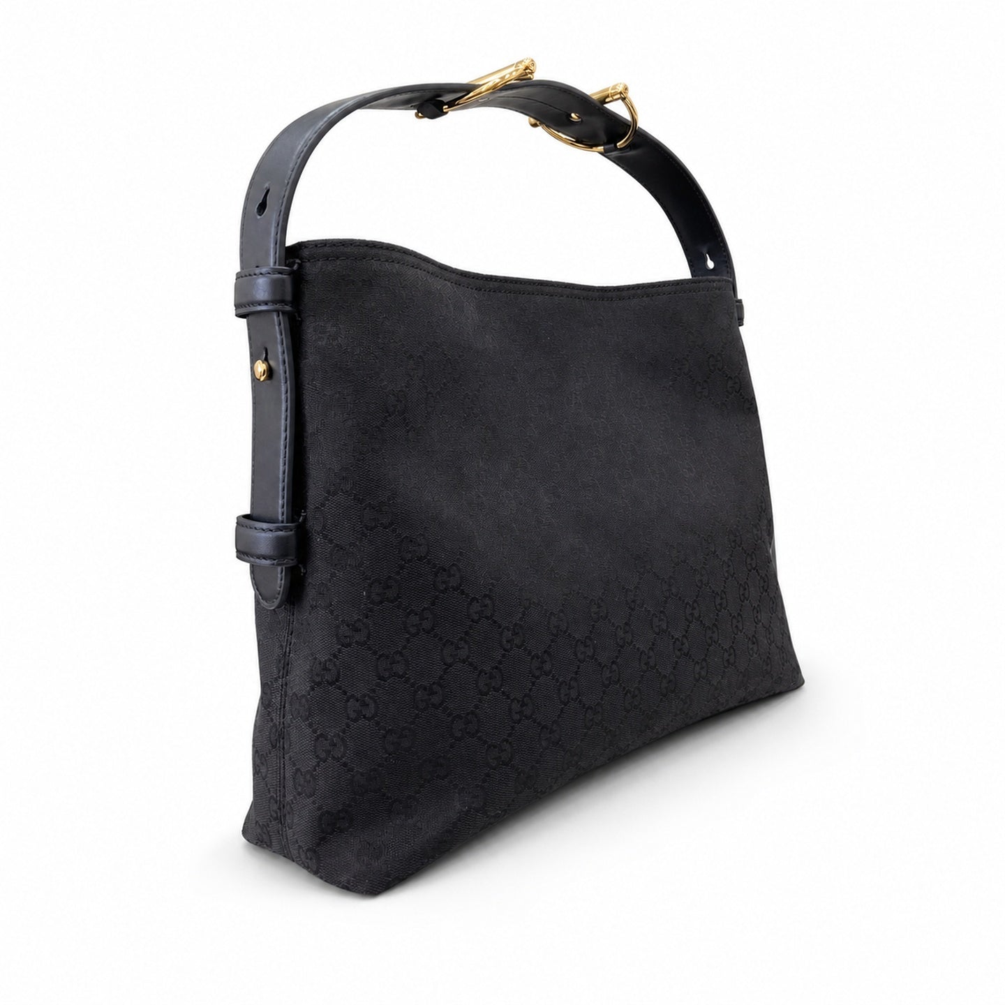 Gucci Horsebit Cotton Canvas Black Beige Gold Handbag