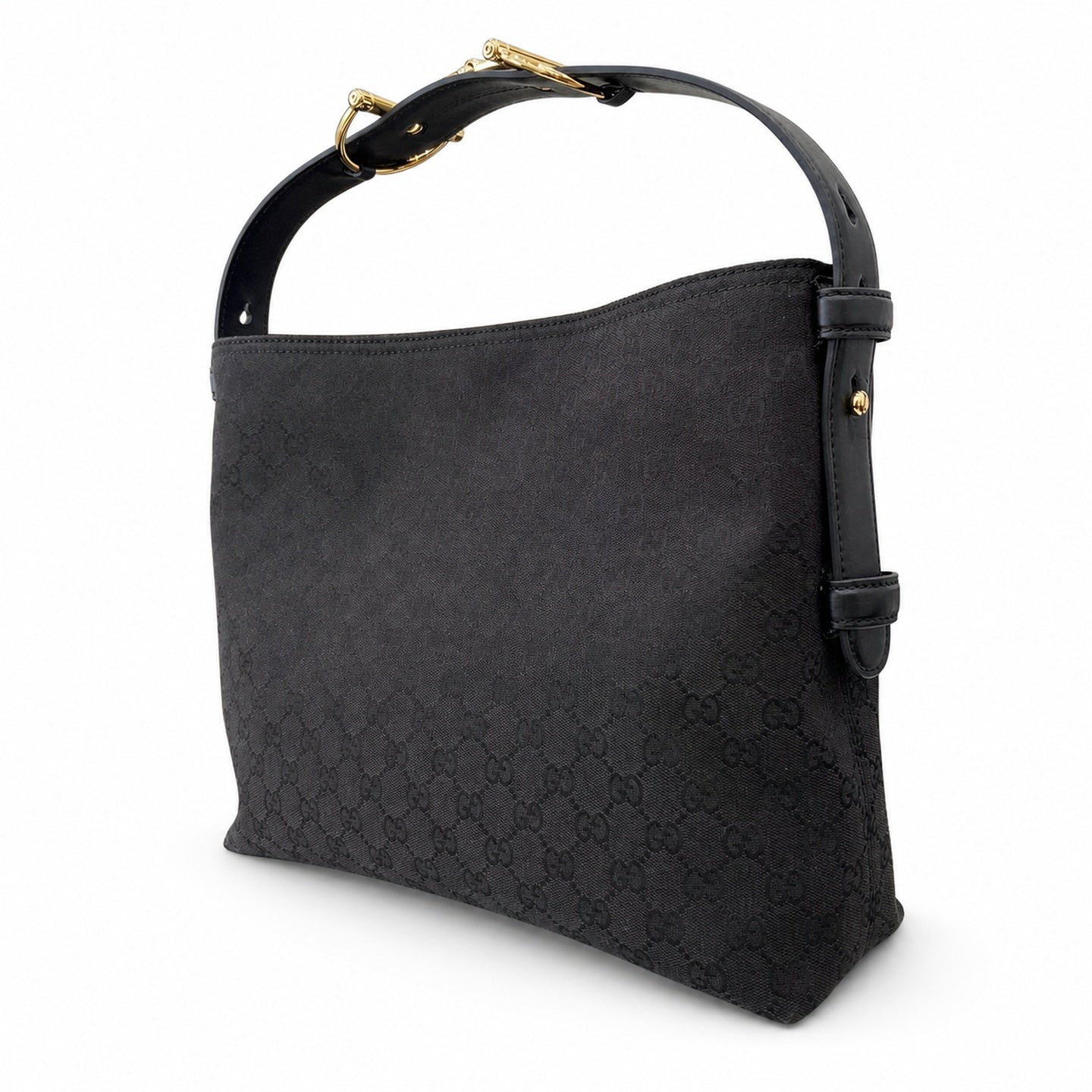 Gucci Horsebit Cotton Canvas Black Beige Gold Handbag