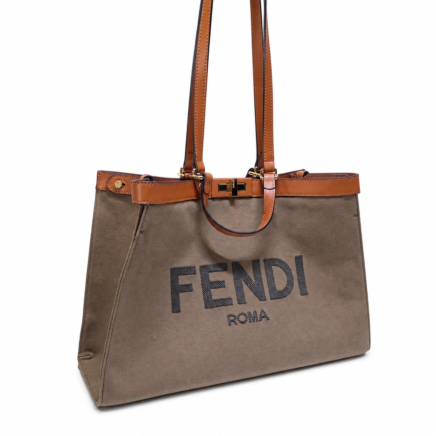 Fendi Peekaboo X-Tote Medium Embroidered Canvas Leather Brown Green Handbag
