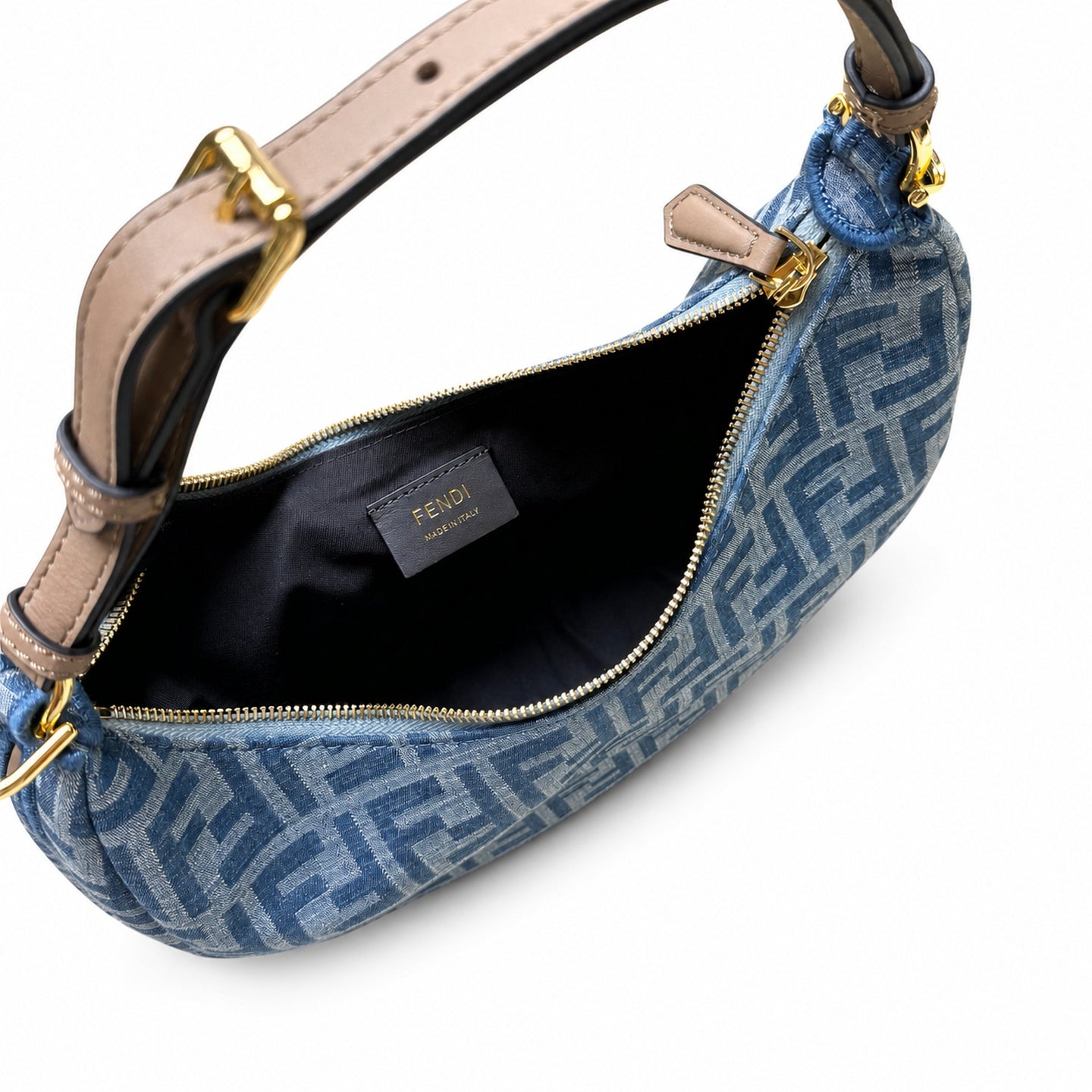 Fendi Fendigraphy Small Denim Leather Beige Blue Gold Hobo Bag