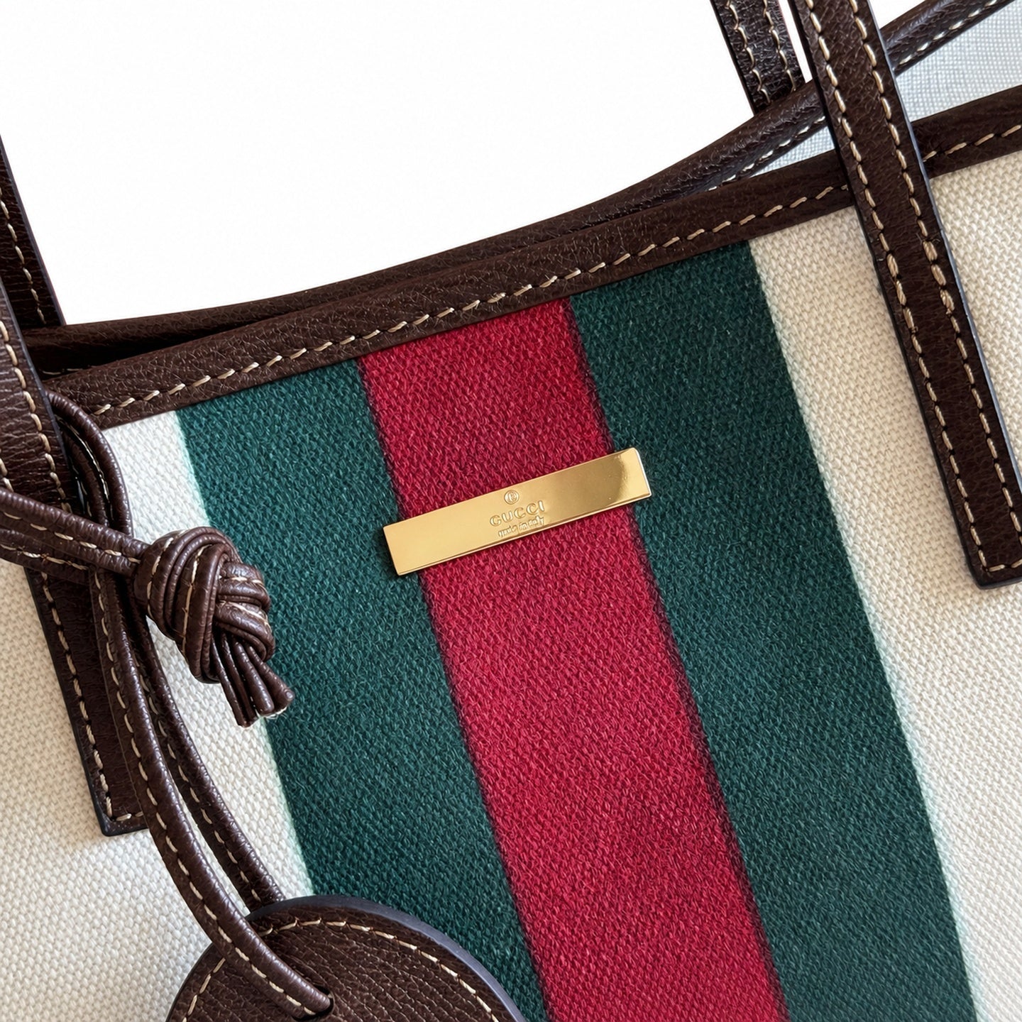 Gucci Cotton Canvas Leather Beige Brown Gold Charm