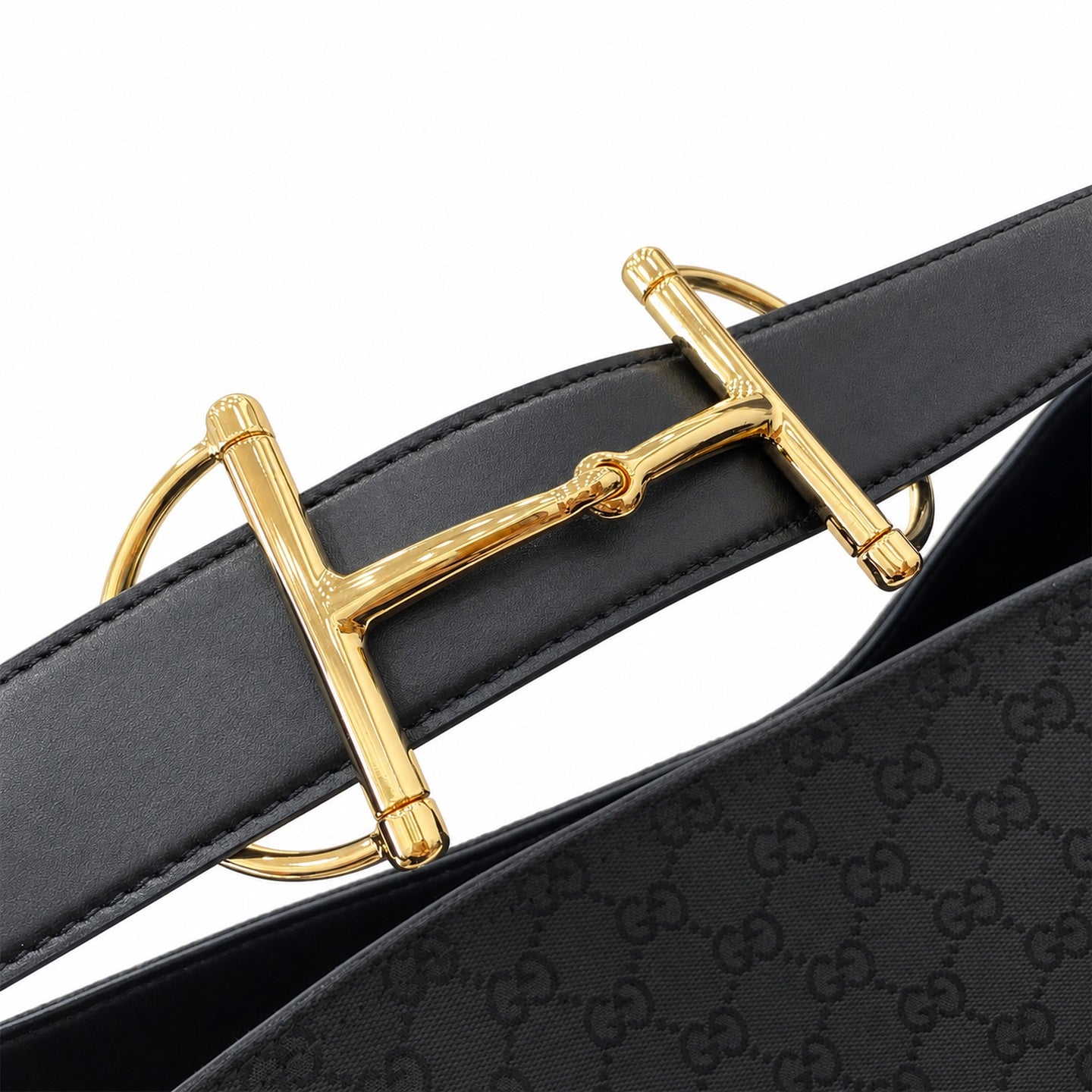 Gucci Horsebit Cotton Canvas Leather Black Beige Gold Handbag