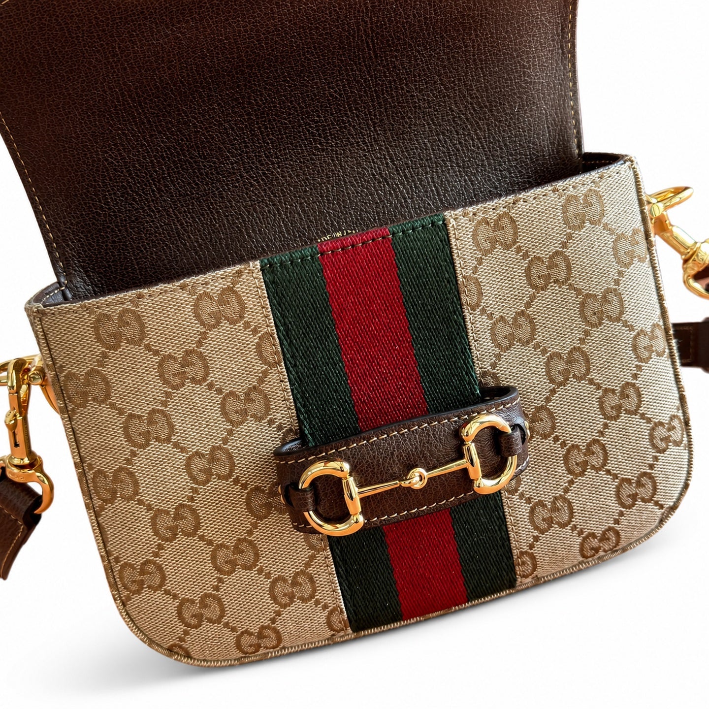 Gucci Horsebit 1955 Canvas Leather Beige Brown Gold Bag