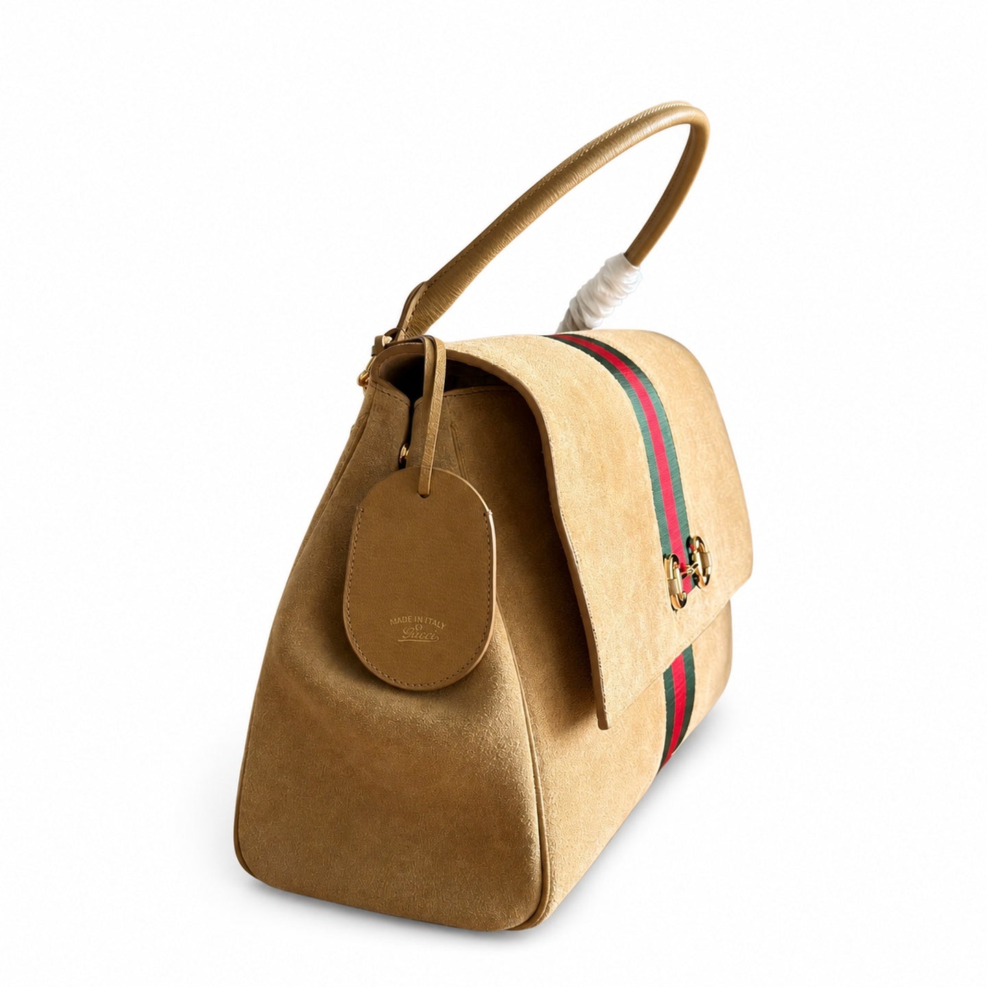 Gucci Horsebit Suede Canvas Leather Gold Handbag