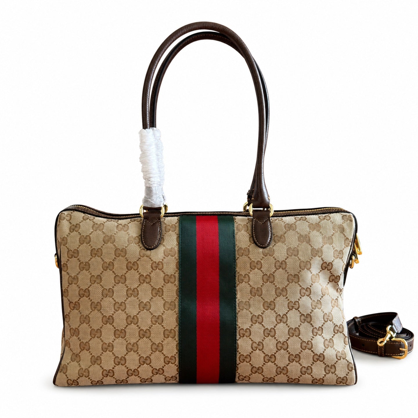 Gucci Horsebit Double Zip Canvas Leather Black Brown Gold Handbag