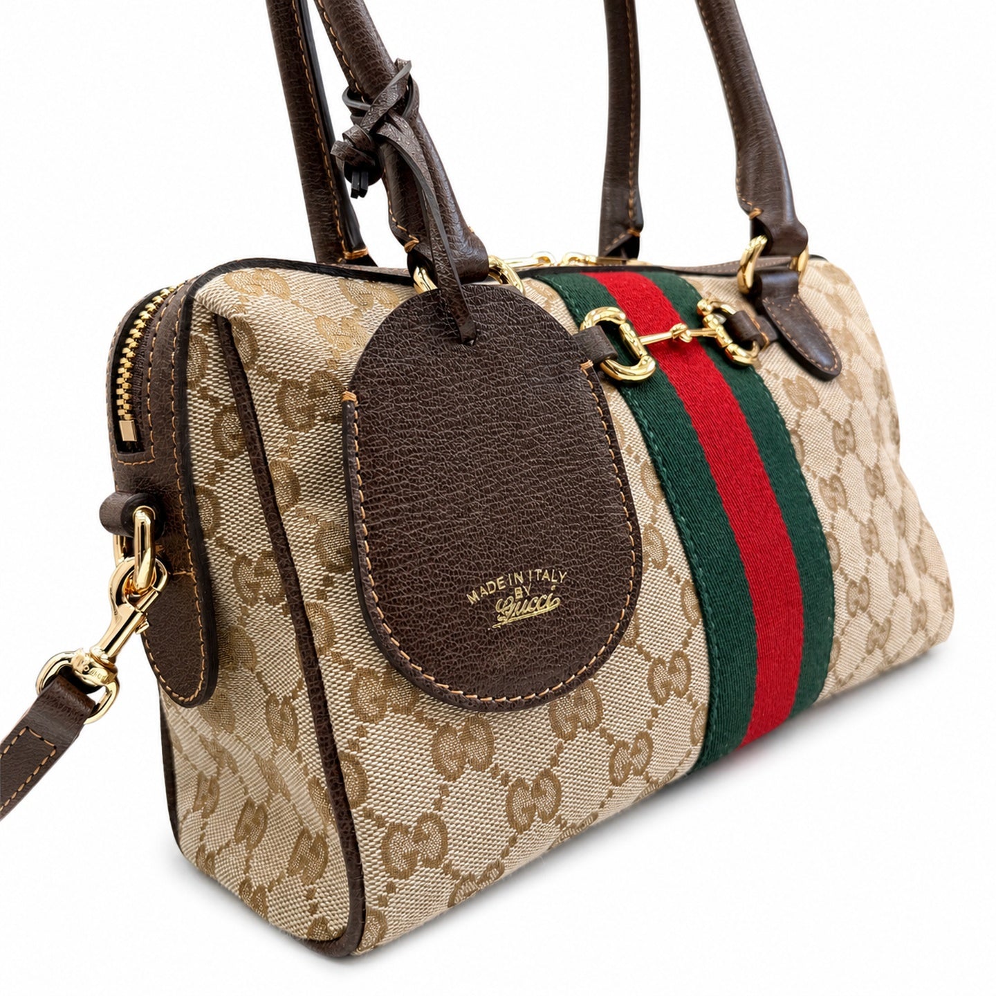 Gucci Horsebit Double Zip Canvas Leather Beige Brown Gold Handbag