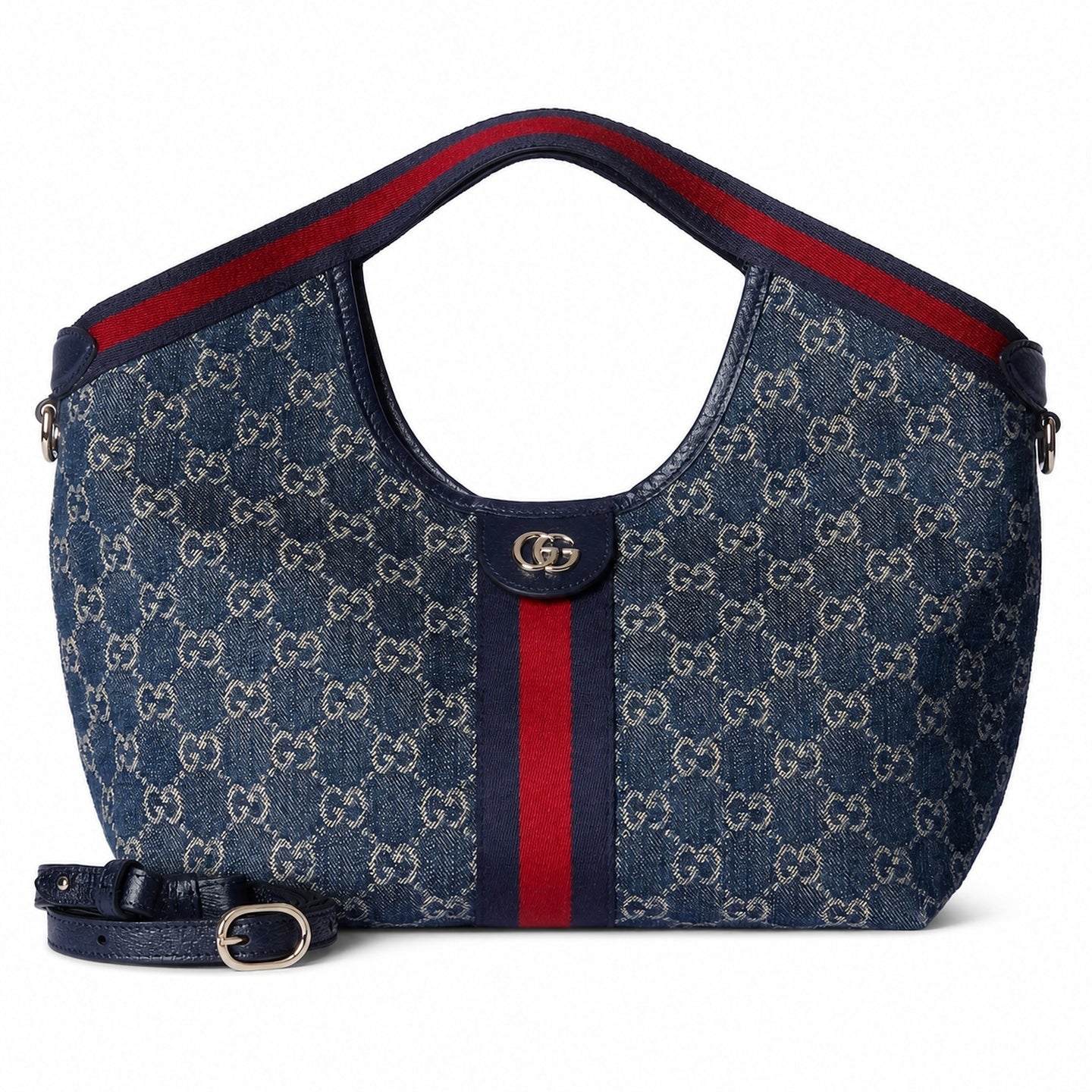 Gucci Giglio Small Cotton Denim Canvas Leather White Brown Red Blue Gold Tote Bag