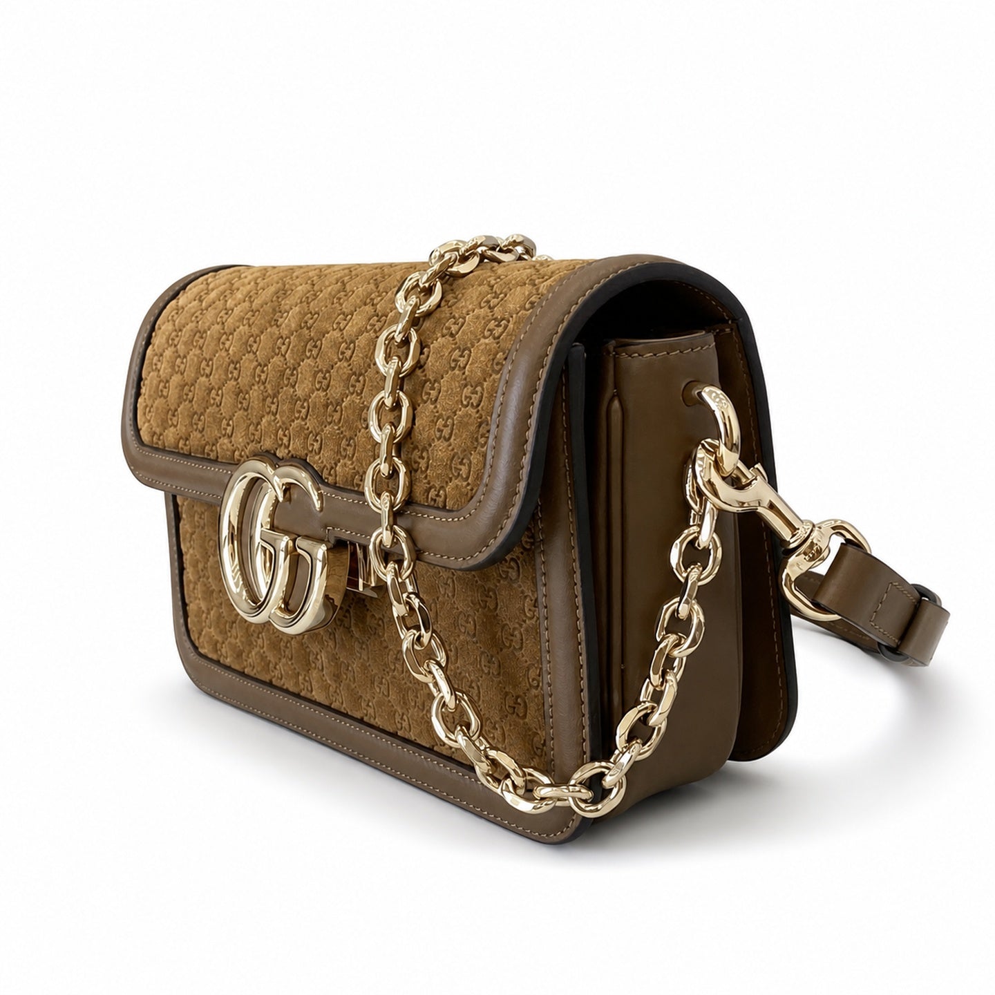 Gucci Cotton Suede Velvet Leather Beige Brown Gold Shoulder Bag