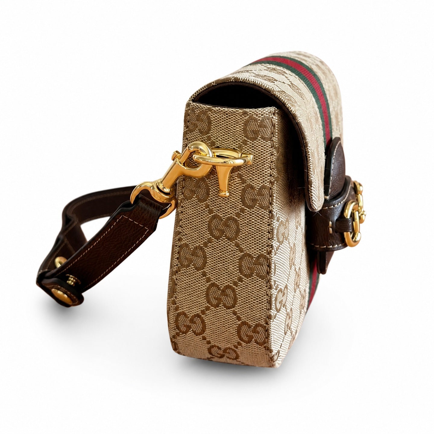 Gucci Horsebit 1955 Canvas Leather Beige Brown Gold Bag