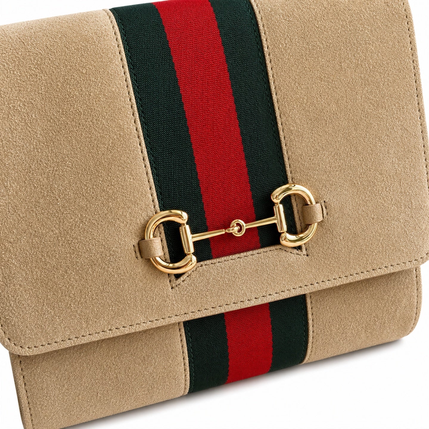Gucci Horsebit Suede Canvas Leather Gold Handbag