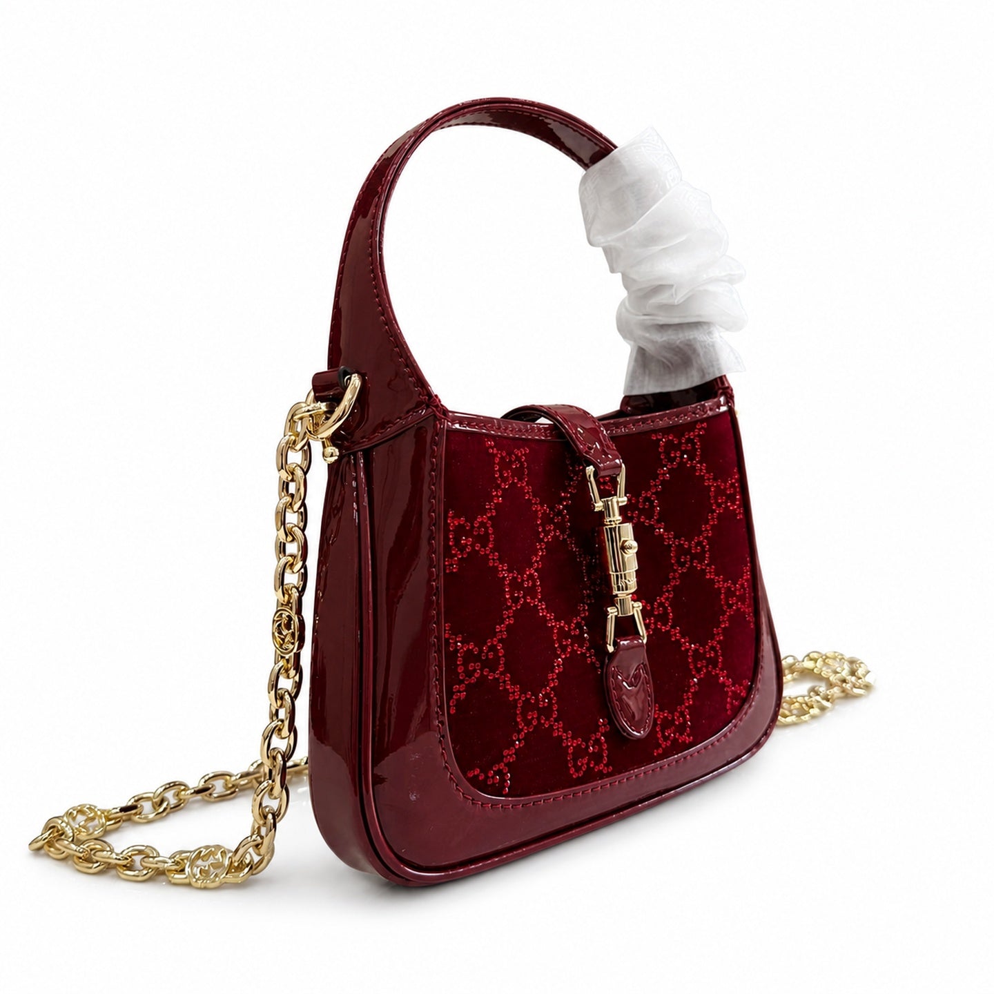 Gucci Jackie 1961 Silk Velvet Leather Red Gold Handbag