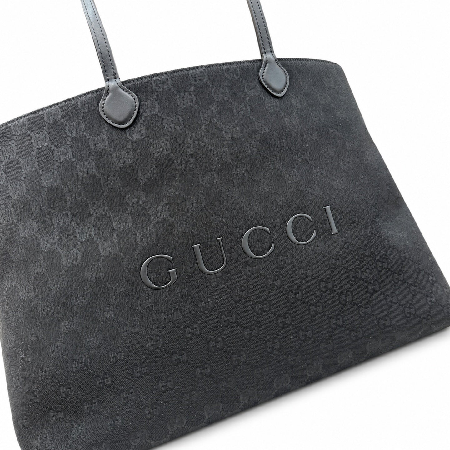 Gucci Cotton Canvas Leather Black Gray Gold Tote Bag
