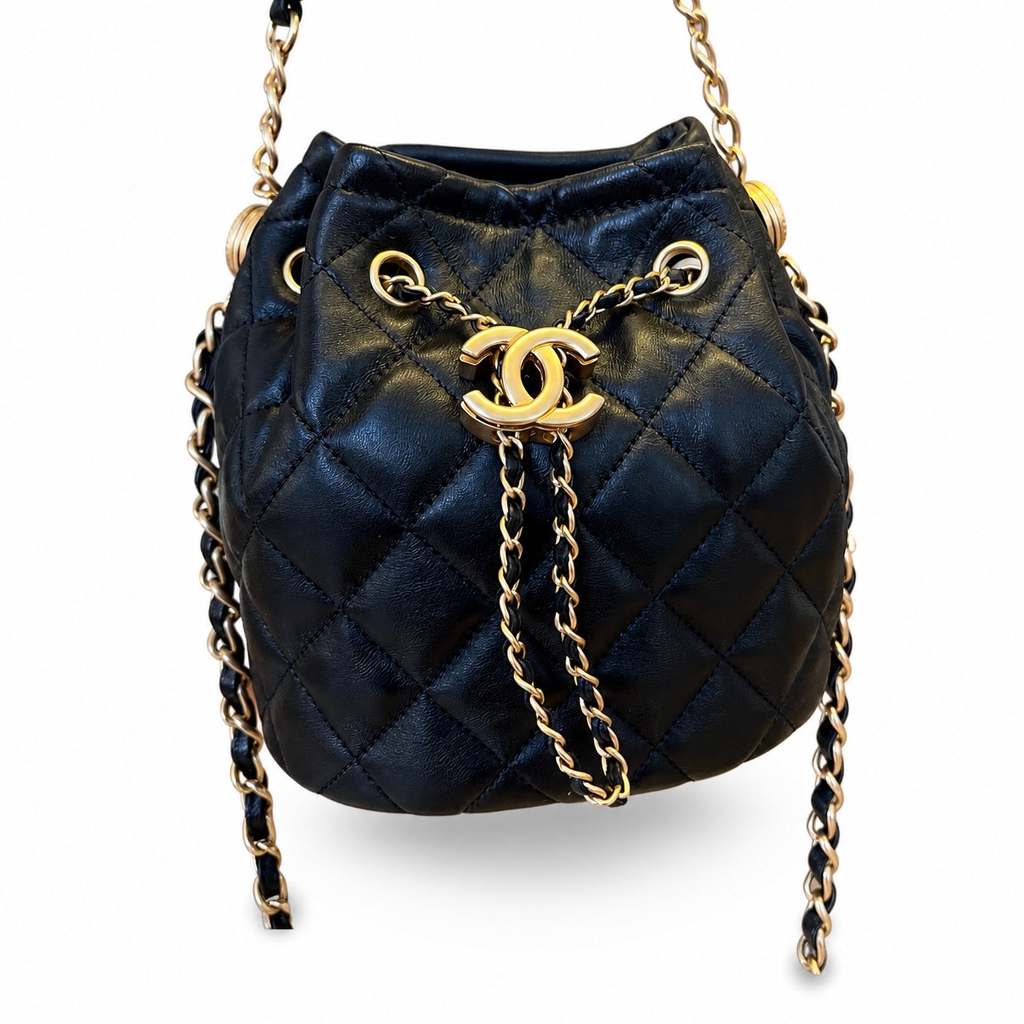 Chanel Leather Black Gold Bucket Bag