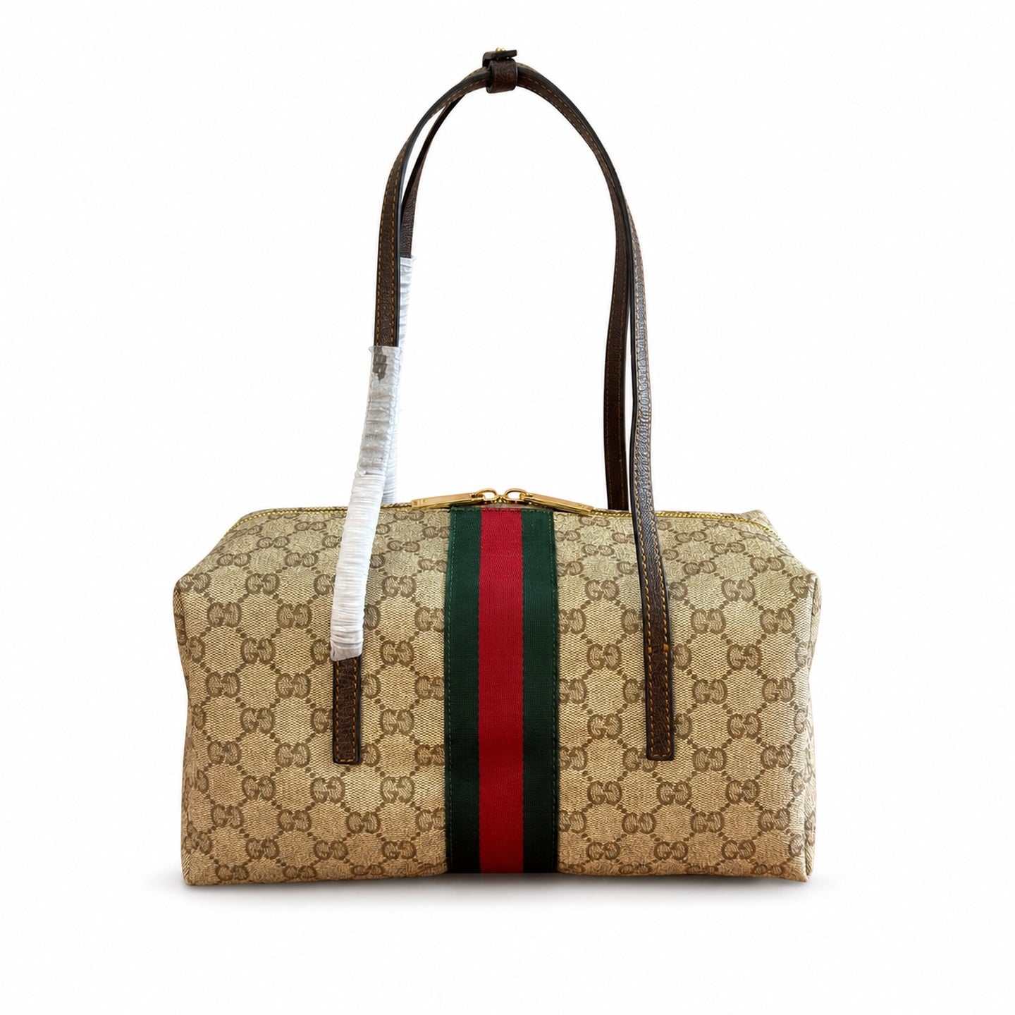Gucci Cotton Canvas Leather Brown Gold Boston Bag
