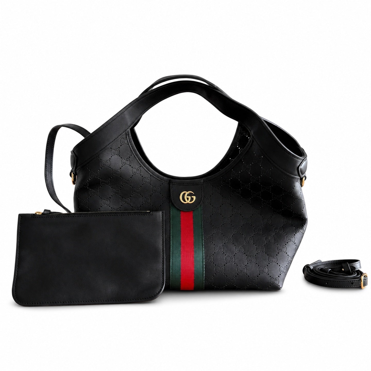 Gucci Giglio Leather Black Beige Gold Clutch