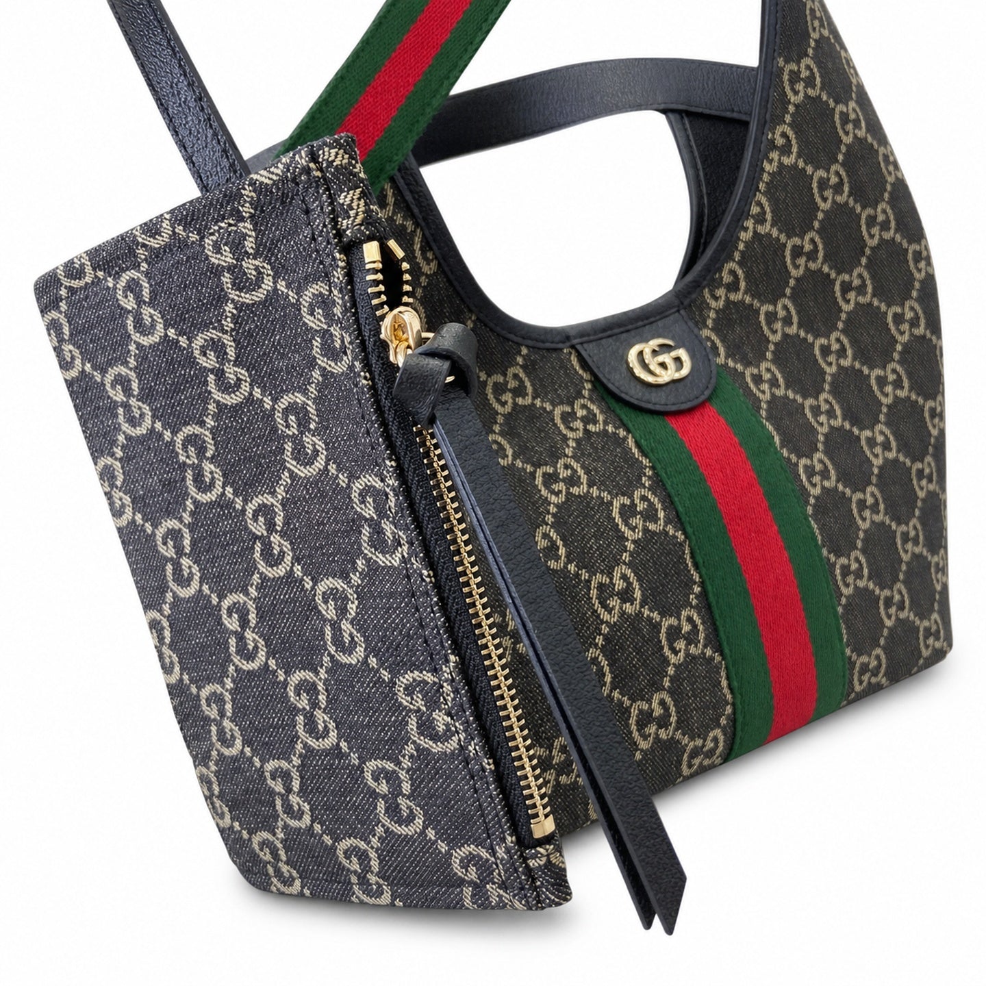 Gucci Giglio Small Cotton Denim Canvas Leather Black White Red Green Gold Tote Bag