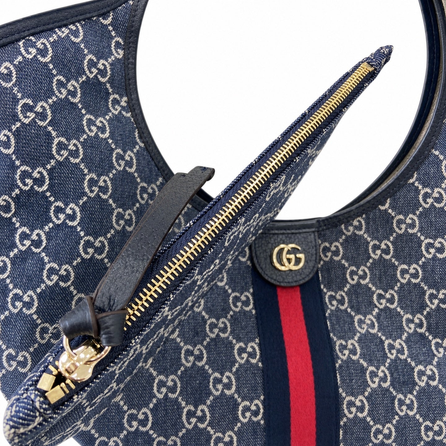 Gucci Giglio Cotton Denim Leather White Brown Red Blue Gold Tote Bag