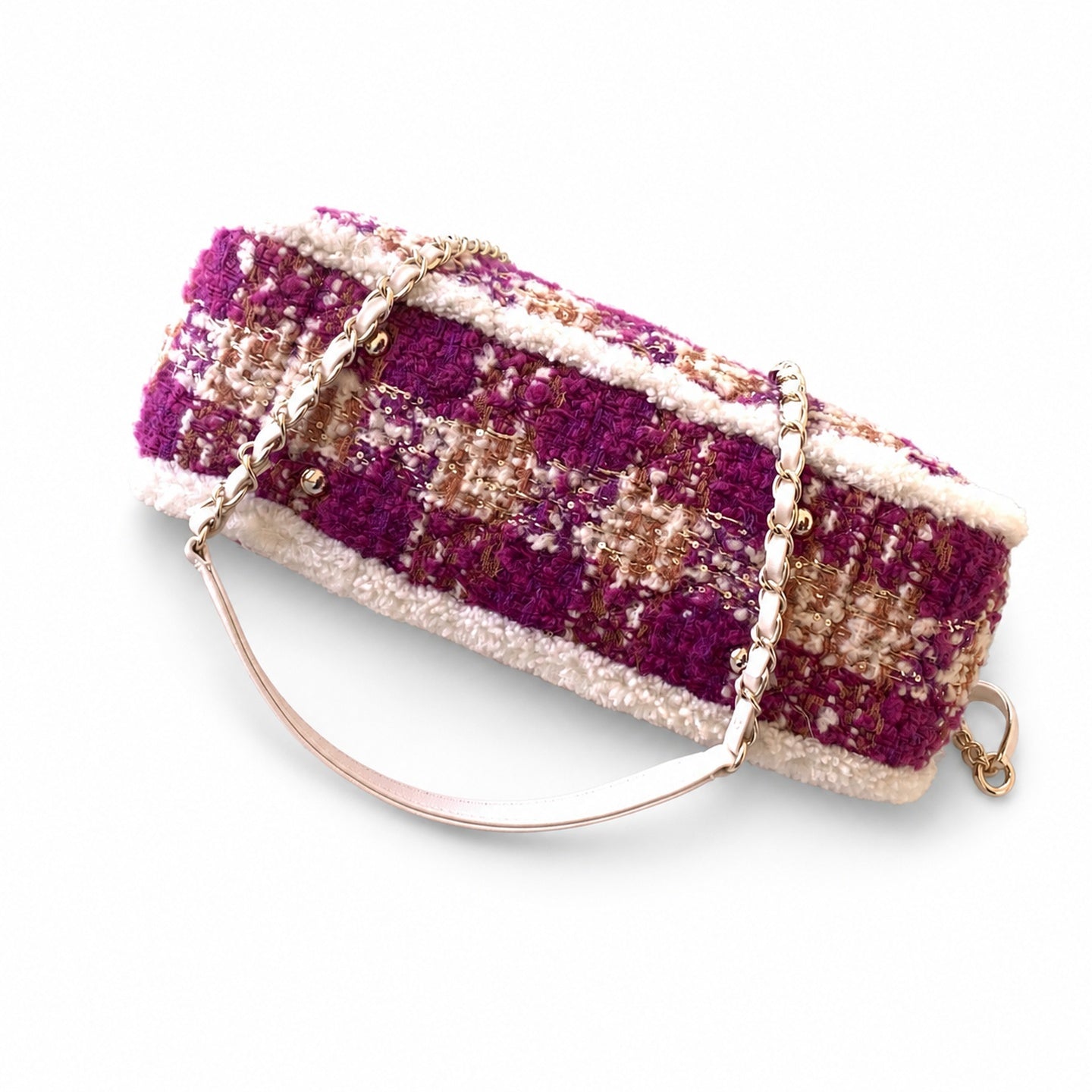 Chanel 25 Tweed Leather Check White Purple Handbag