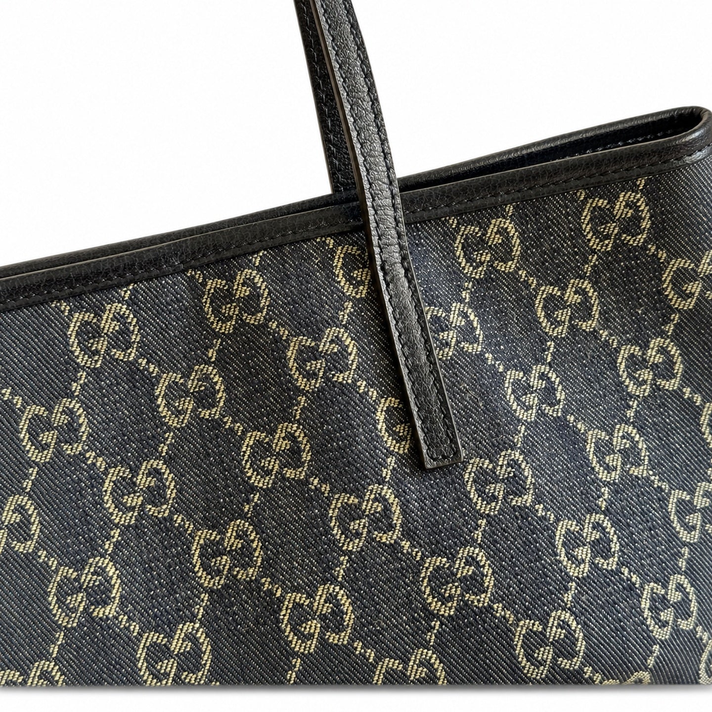 Gucci Cotton Denim Canvas Leather Brown Blue Gold Tote Bag