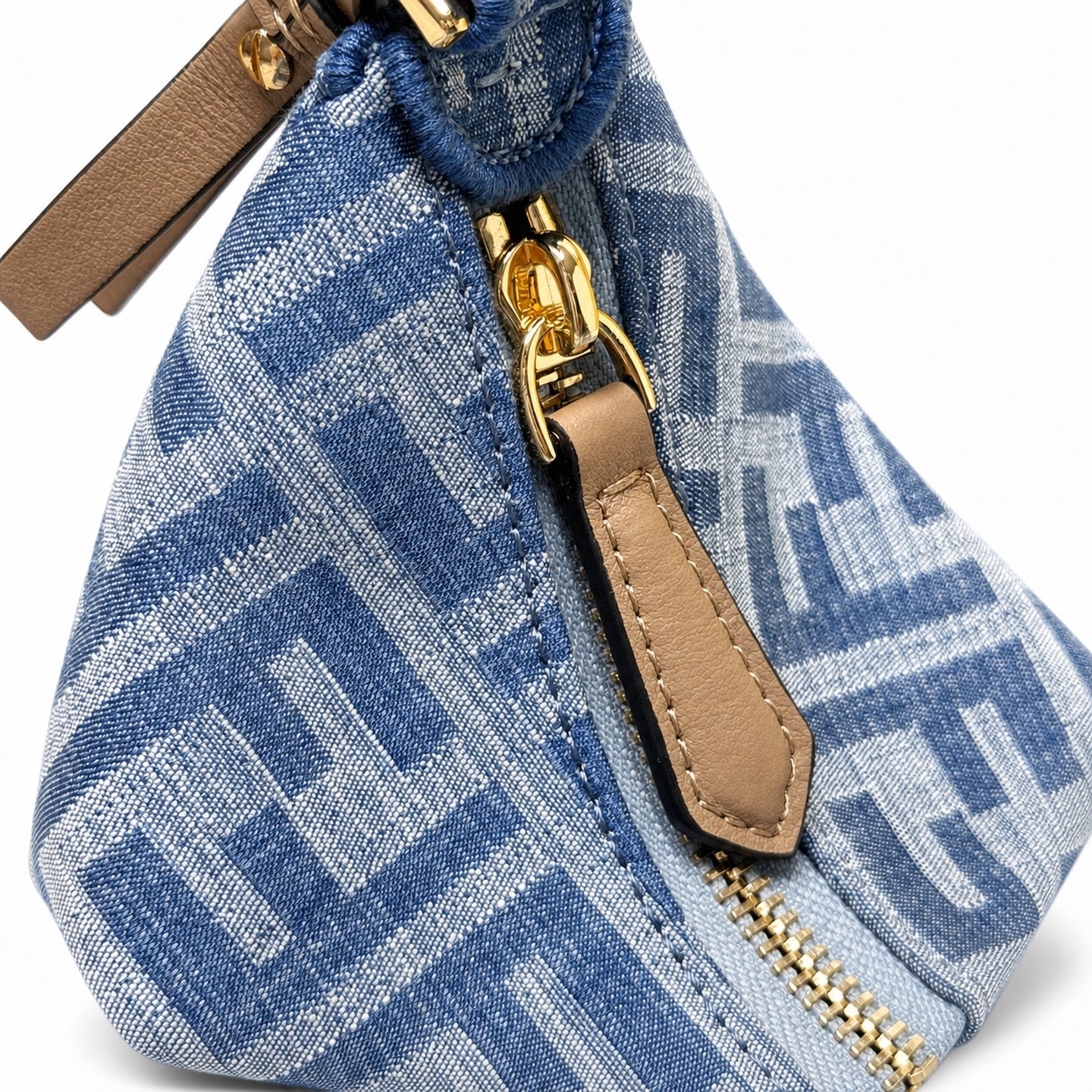 Fendi Mini Denim Leather Beige Blue Gold Hobo Bag
