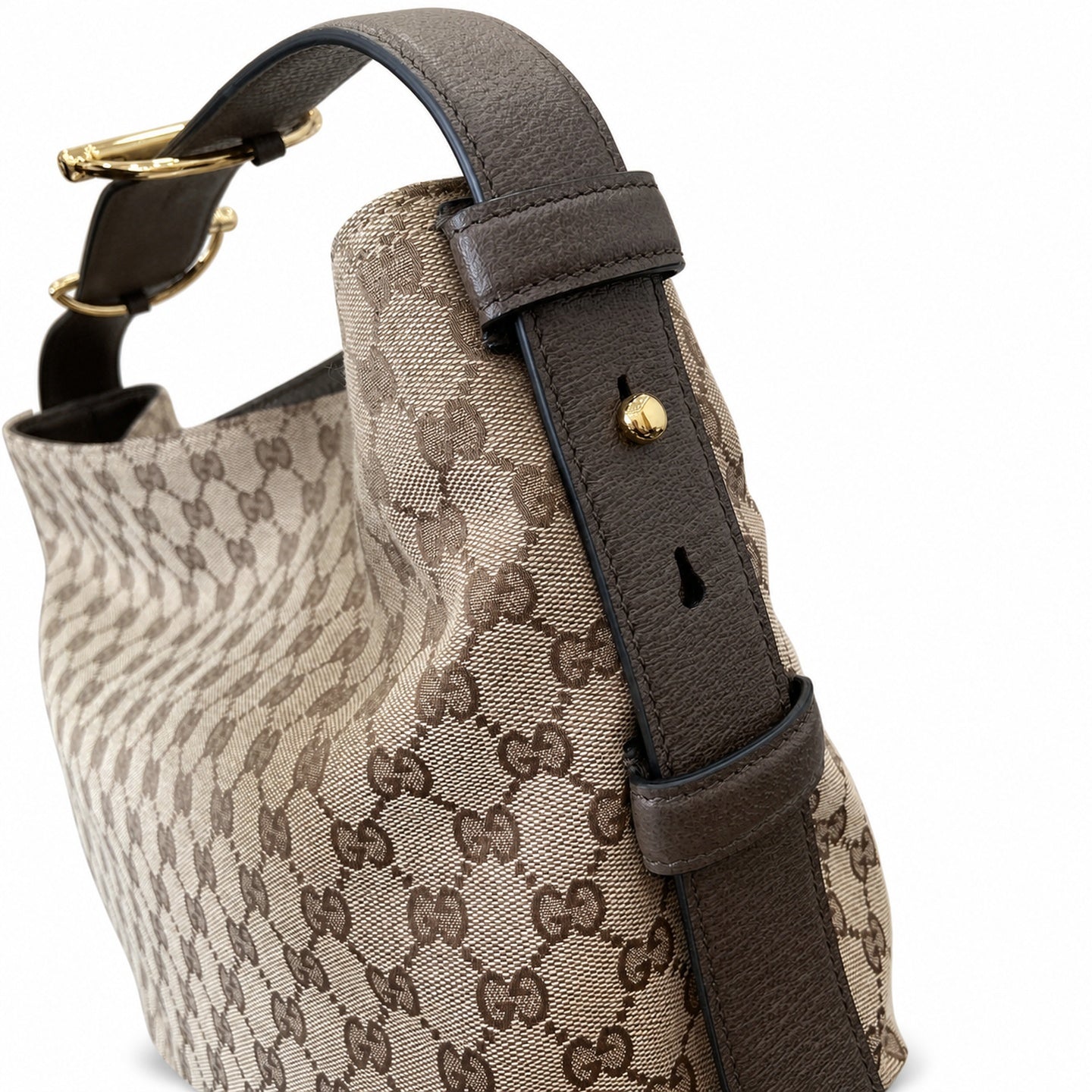 Gucci Horsebit Cotton Canvas Leather Beige Brown Green Gold Handbag