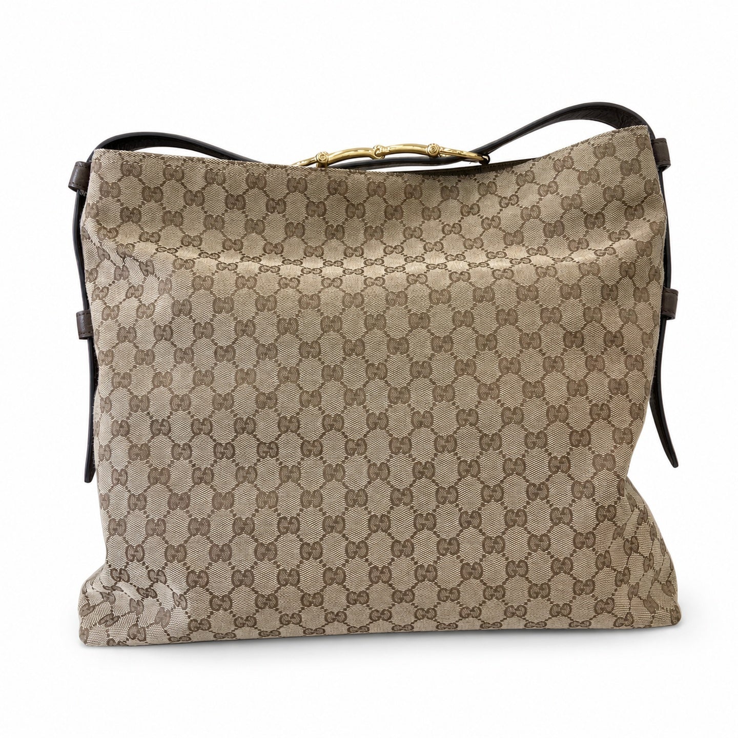 Gucci Horsebit Cotton Canvas Leather Beige Brown Green Gold Handbag