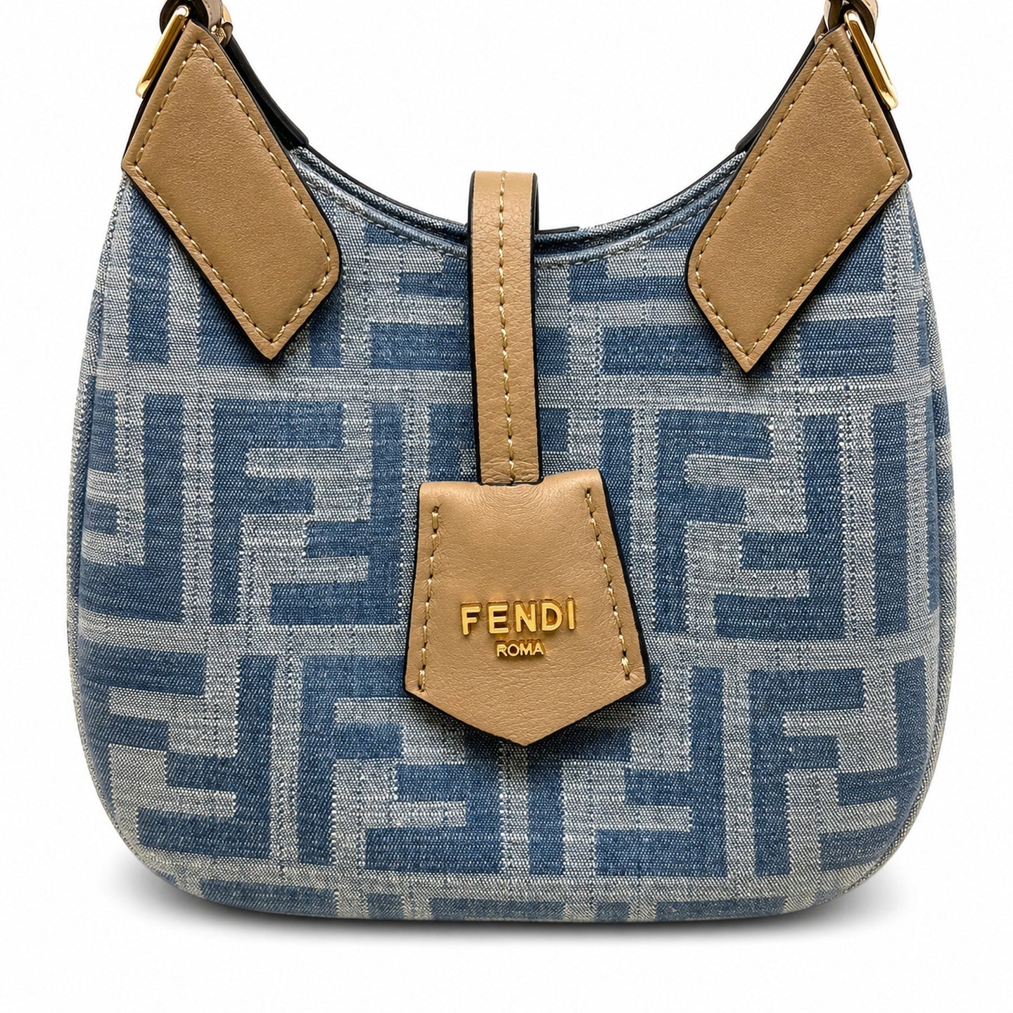 Fendi Origami Medium Denim Leather Beige Blue Gold Bag