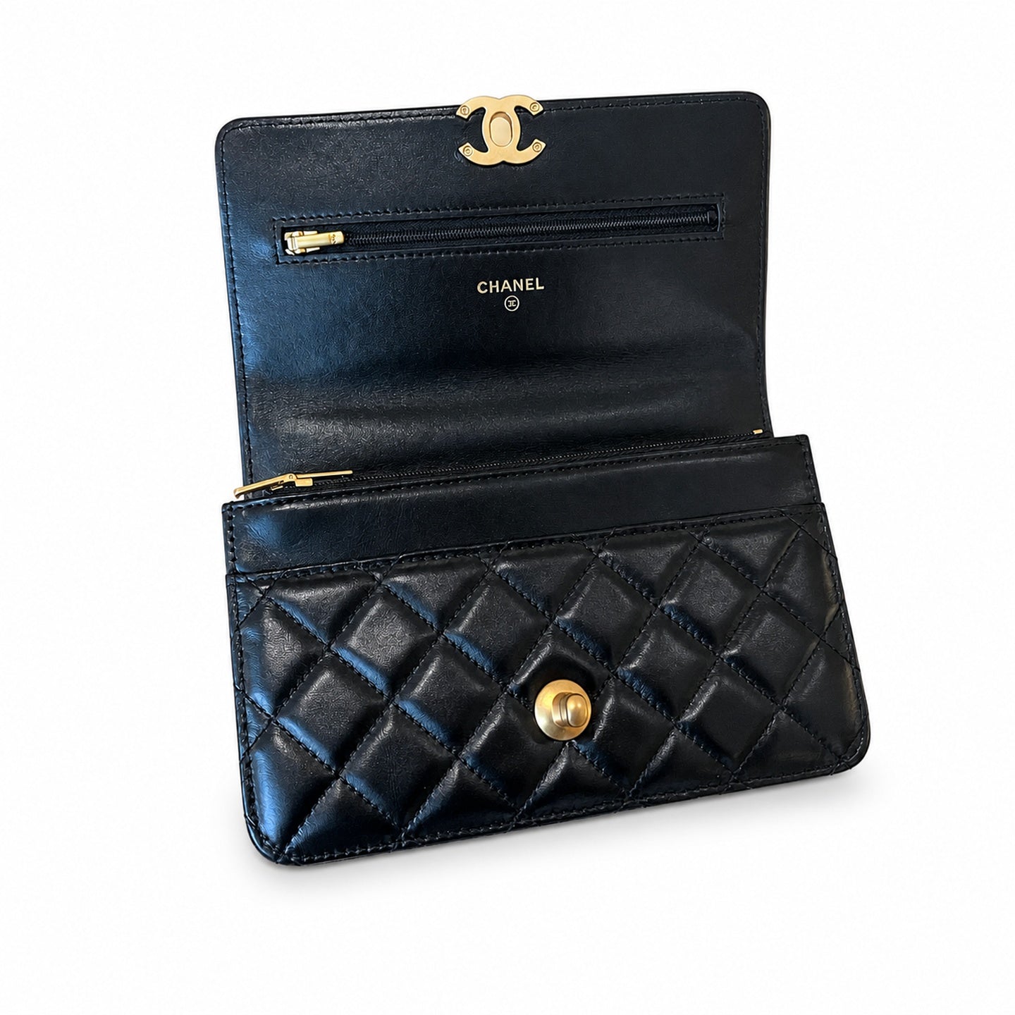 Chanel Small Leather Black Gold Wallet on Chain