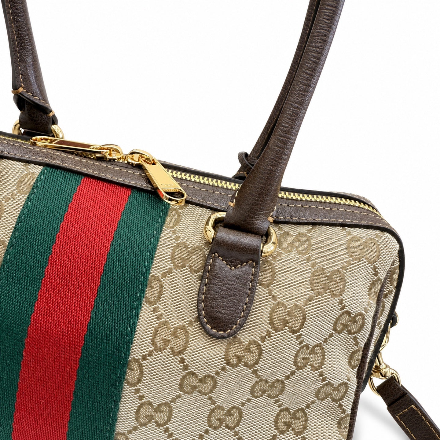 Gucci Horsebit Double Zip Canvas Leather Beige Brown Gold Handbag