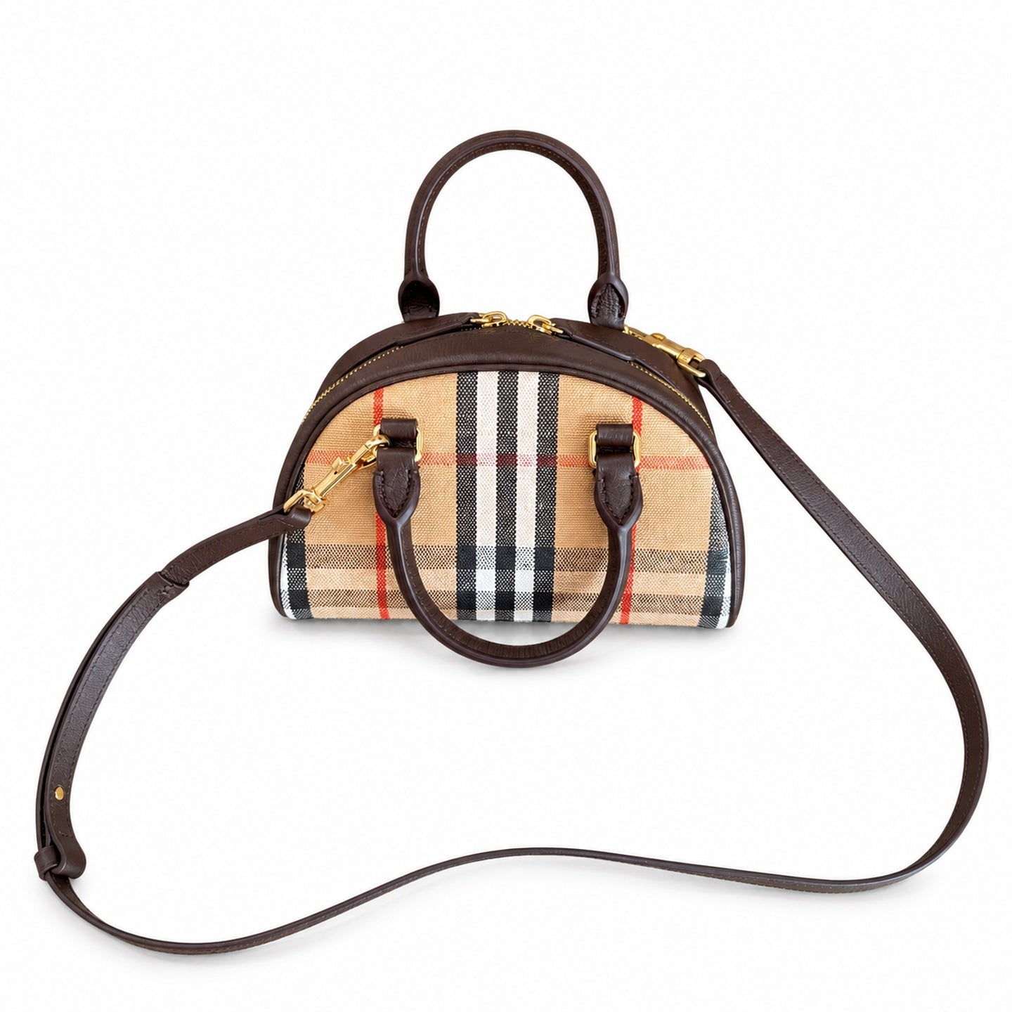 Burberry Highlands Mini Cotton Jacquard Leather Check Bowling Bag