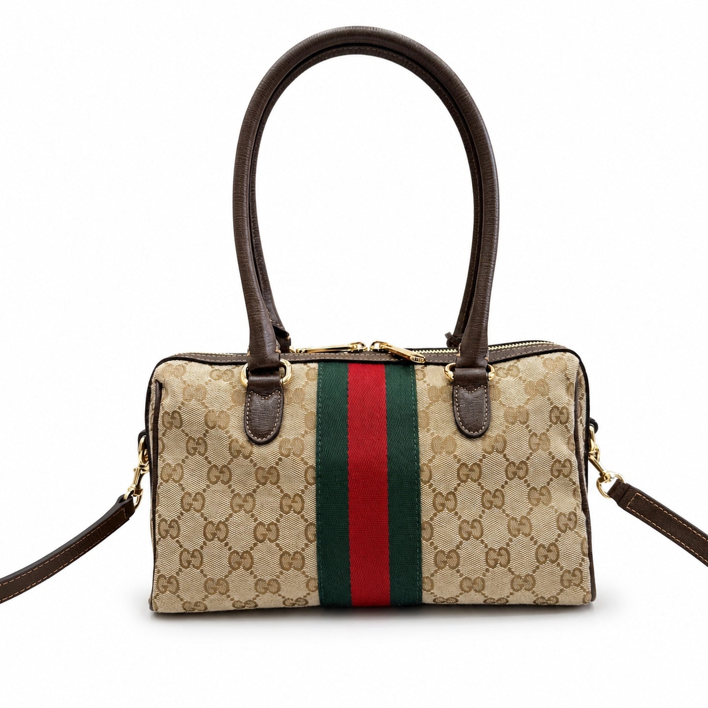 Gucci Horsebit Double Zip Canvas Leather Beige Brown Gold Handbag