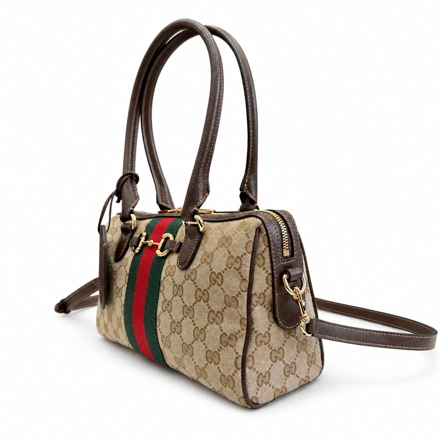 Gucci Horsebit Double Zip Canvas Leather Beige Brown Gold Handbag