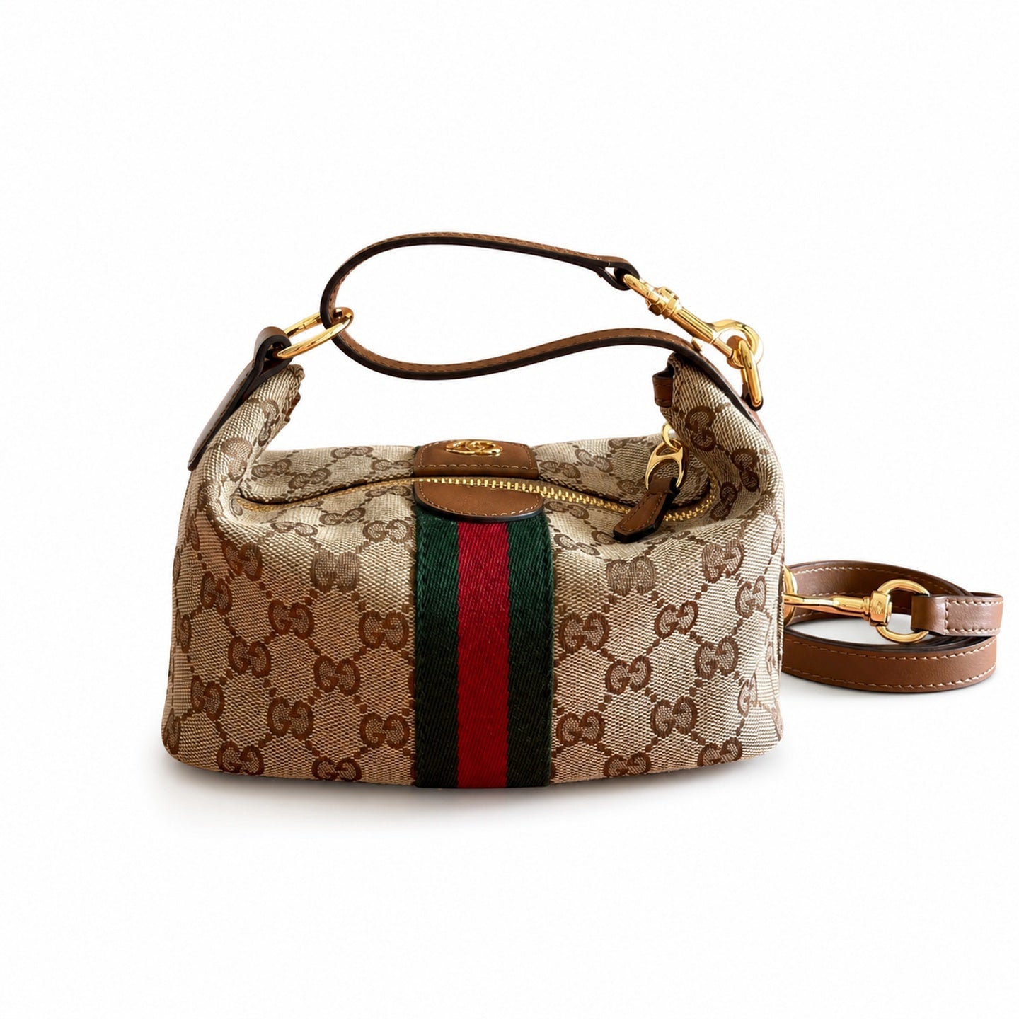 Gucci Cotton Canvas Leather Beige Brown Green Gold Bag