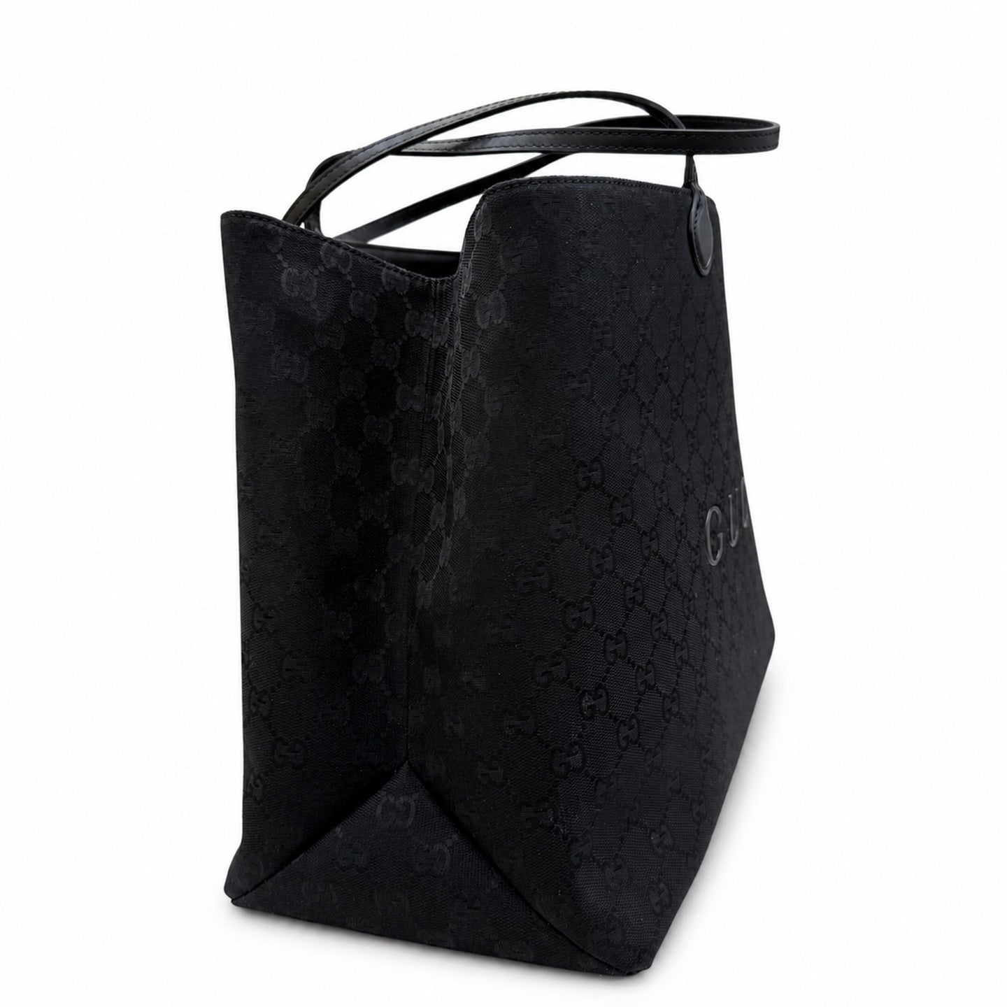 Gucci Cotton Canvas Leather Black Gray Gold Tote Bag