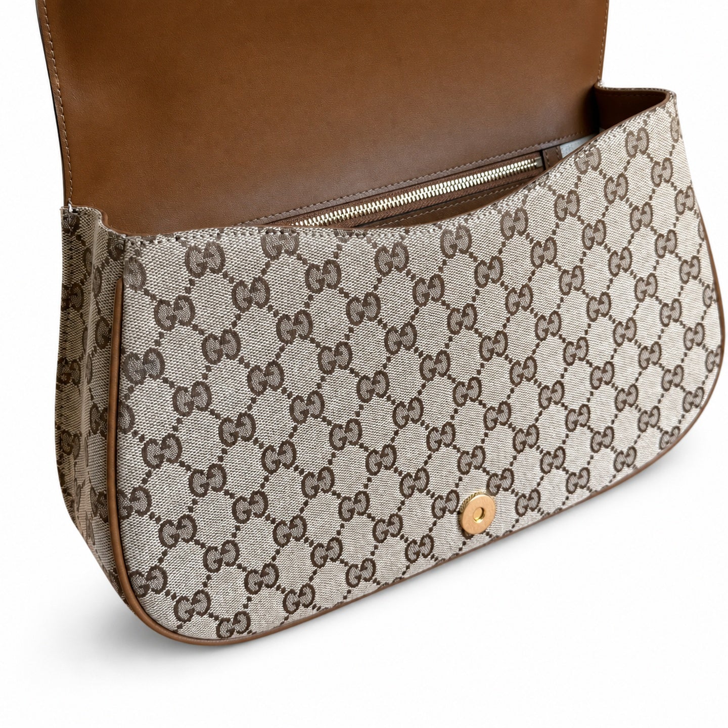 Gucci Blondie Medium Cotton Canvas Leather Beige Brown Gold Handbag