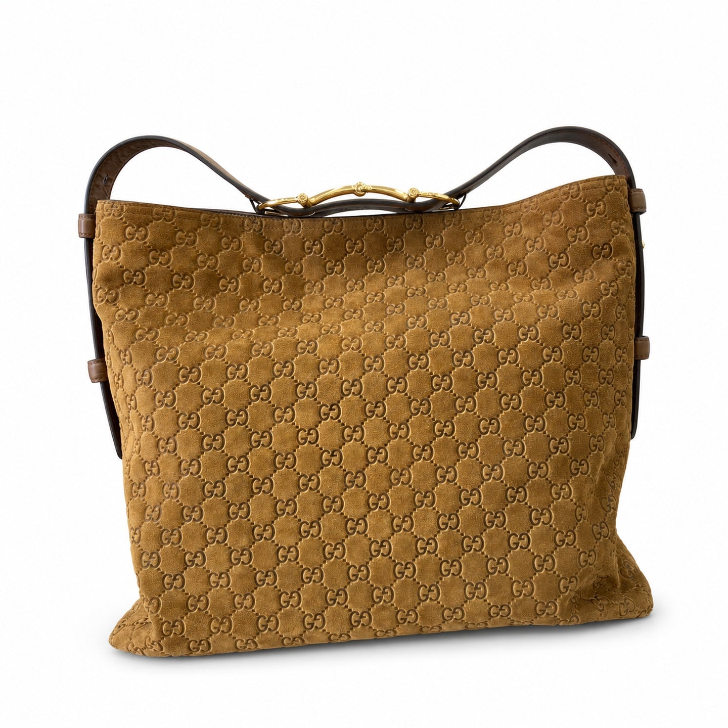 Gucci Horsebit Cotton Suede Leather Brown Gold Handbag