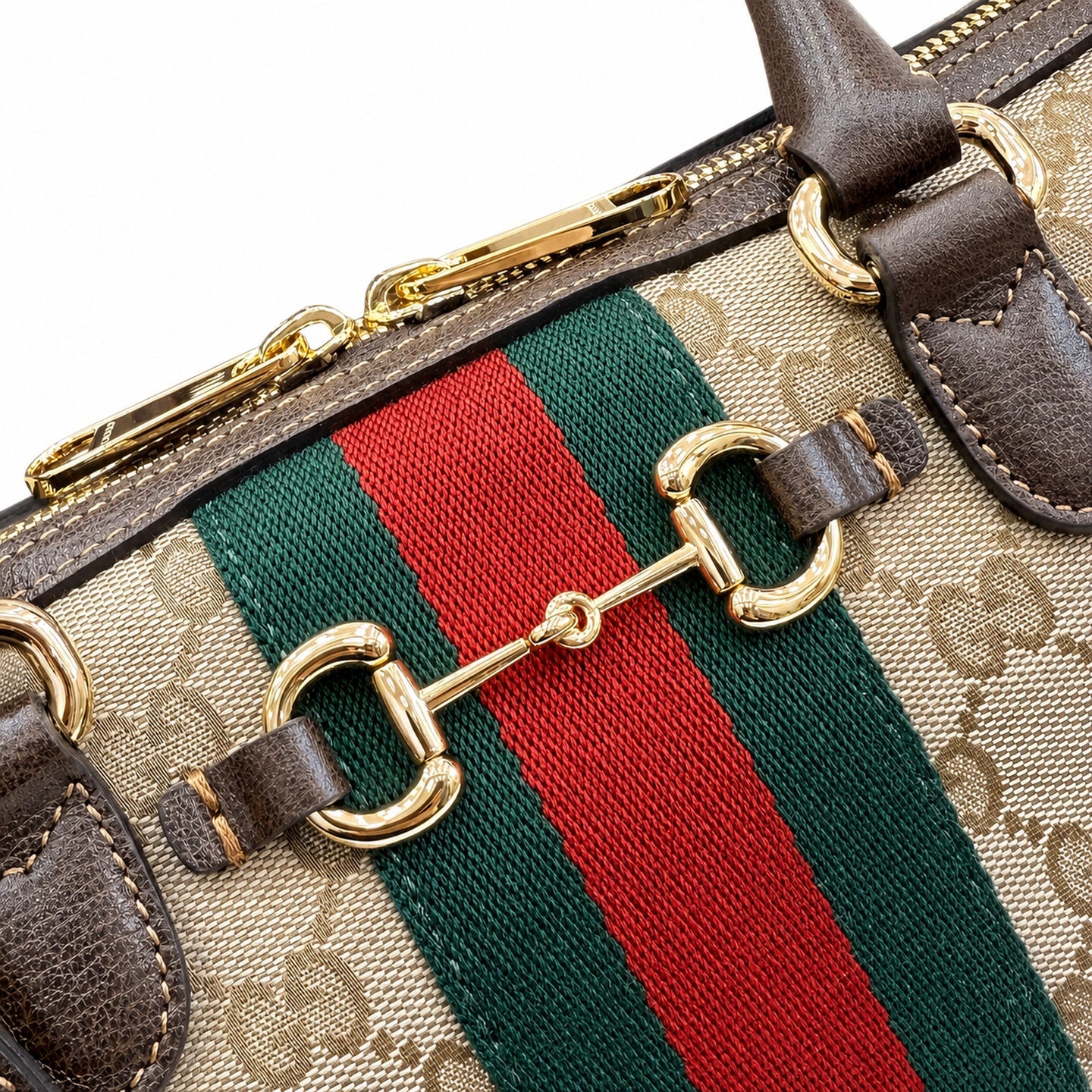 Gucci Horsebit Double Zip Canvas Leather Beige Brown Gold Handbag