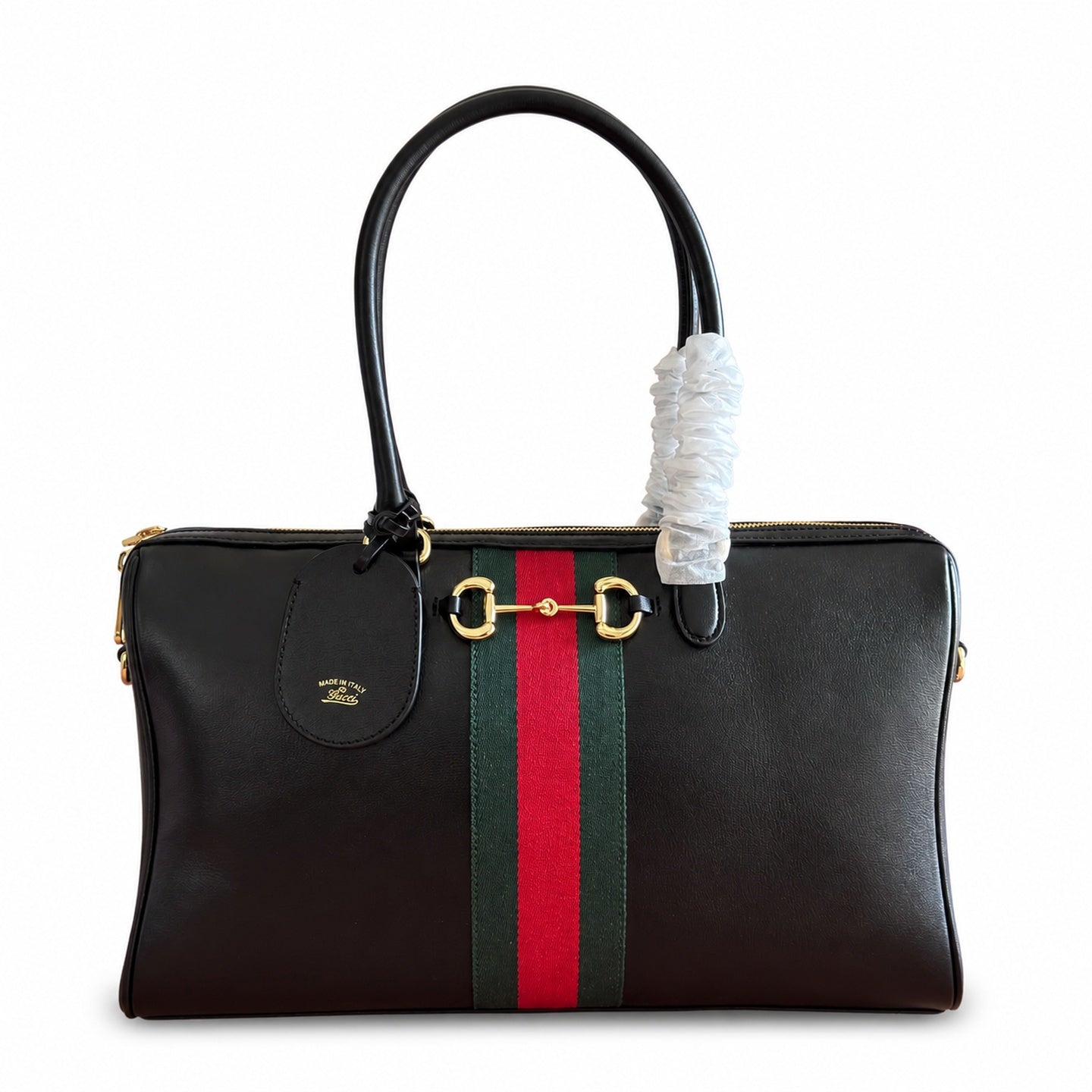 Gucci Horsebit Double Zip Canvas Leather Black Gold Handbag