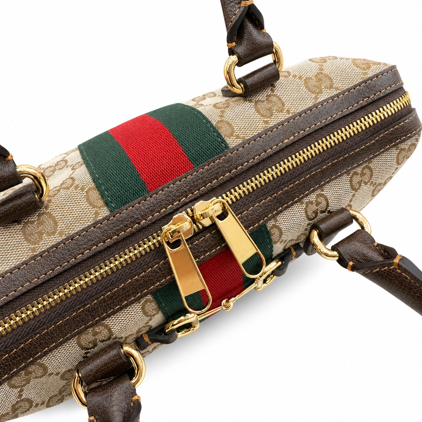 Gucci Horsebit Double Zip Canvas Leather Beige Brown Gold Handbag