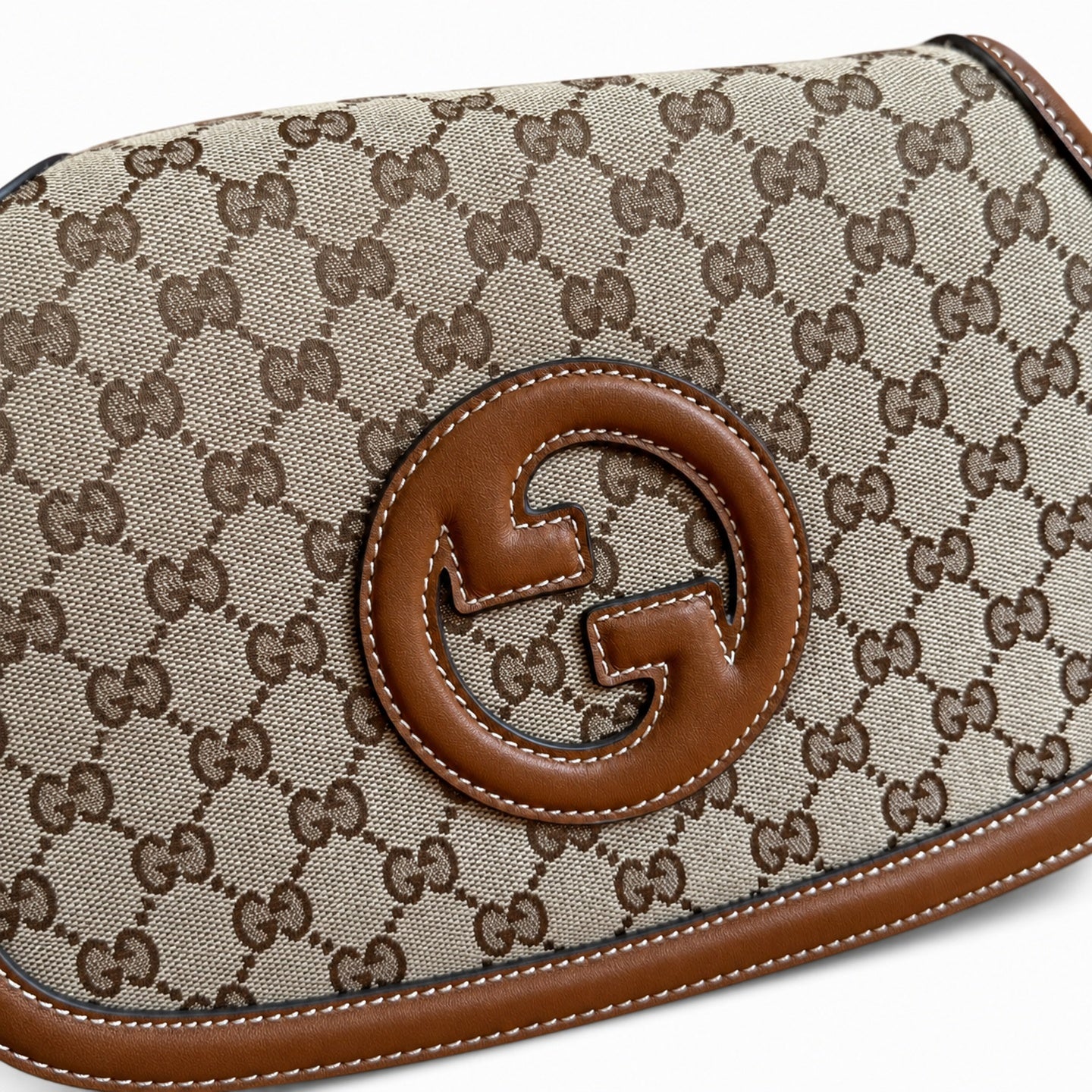 Gucci Blondie Medium Cotton Canvas Leather Beige Brown Gold Handbag