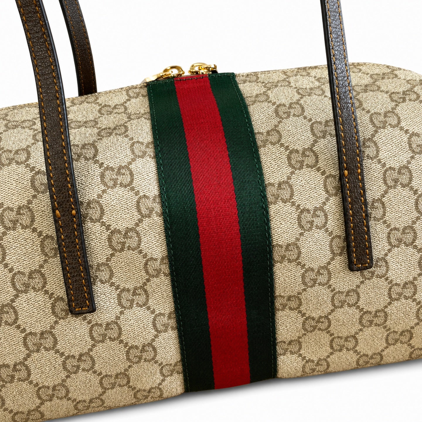 Gucci Cotton Canvas Leather Brown Gold Boston Bag