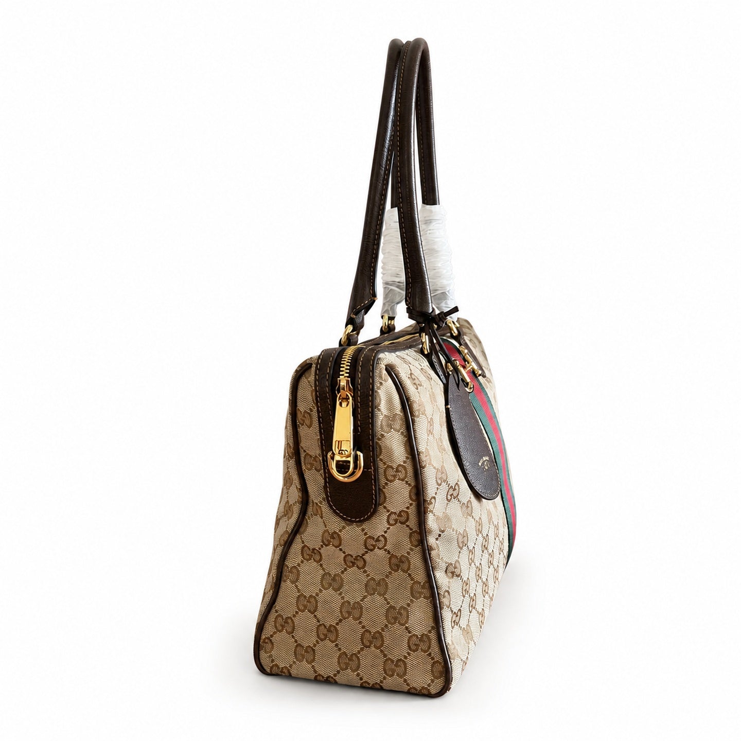 Gucci Horsebit Double Zip Canvas Leather Black Brown Gold Handbag