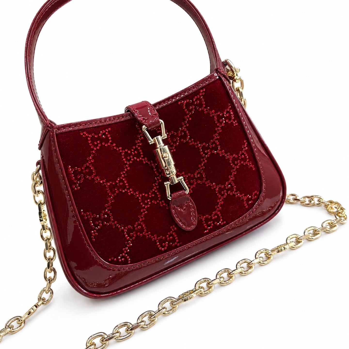 Gucci Jackie 1961 Silk Velvet Leather Red Gold Handbag