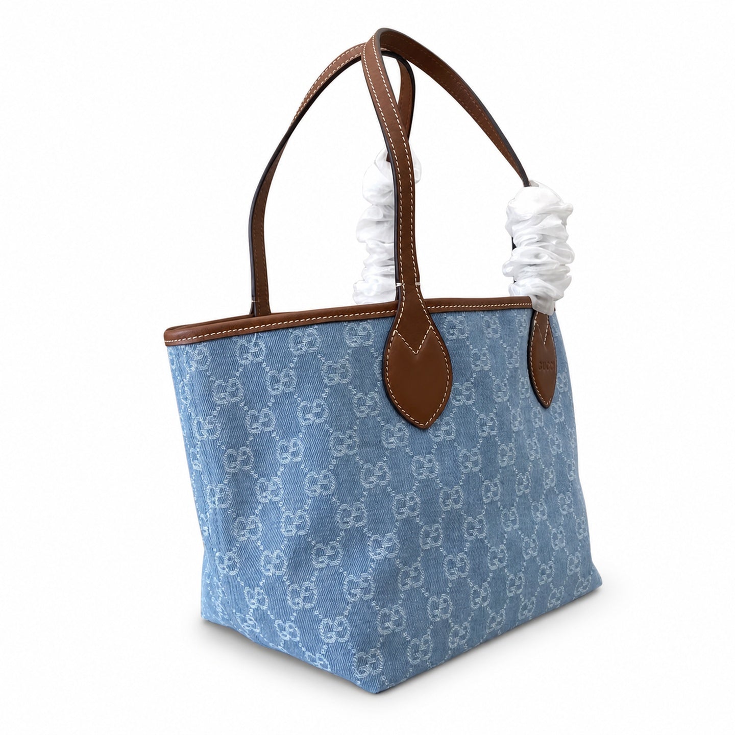 Gucci Denim Leather White Brown Blue Gold Tote Bag