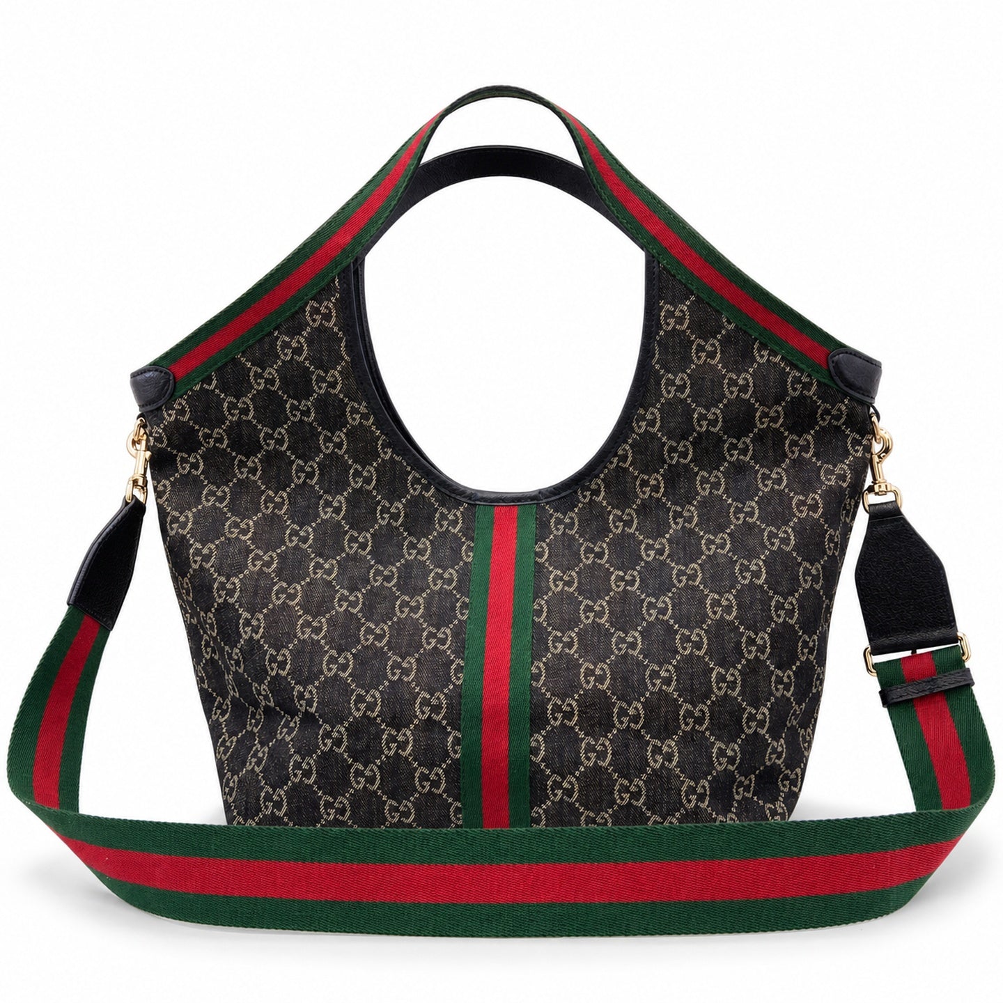 Gucci Giglio Cotton Denim Leather Black White Red Blue Gold Tote Bag