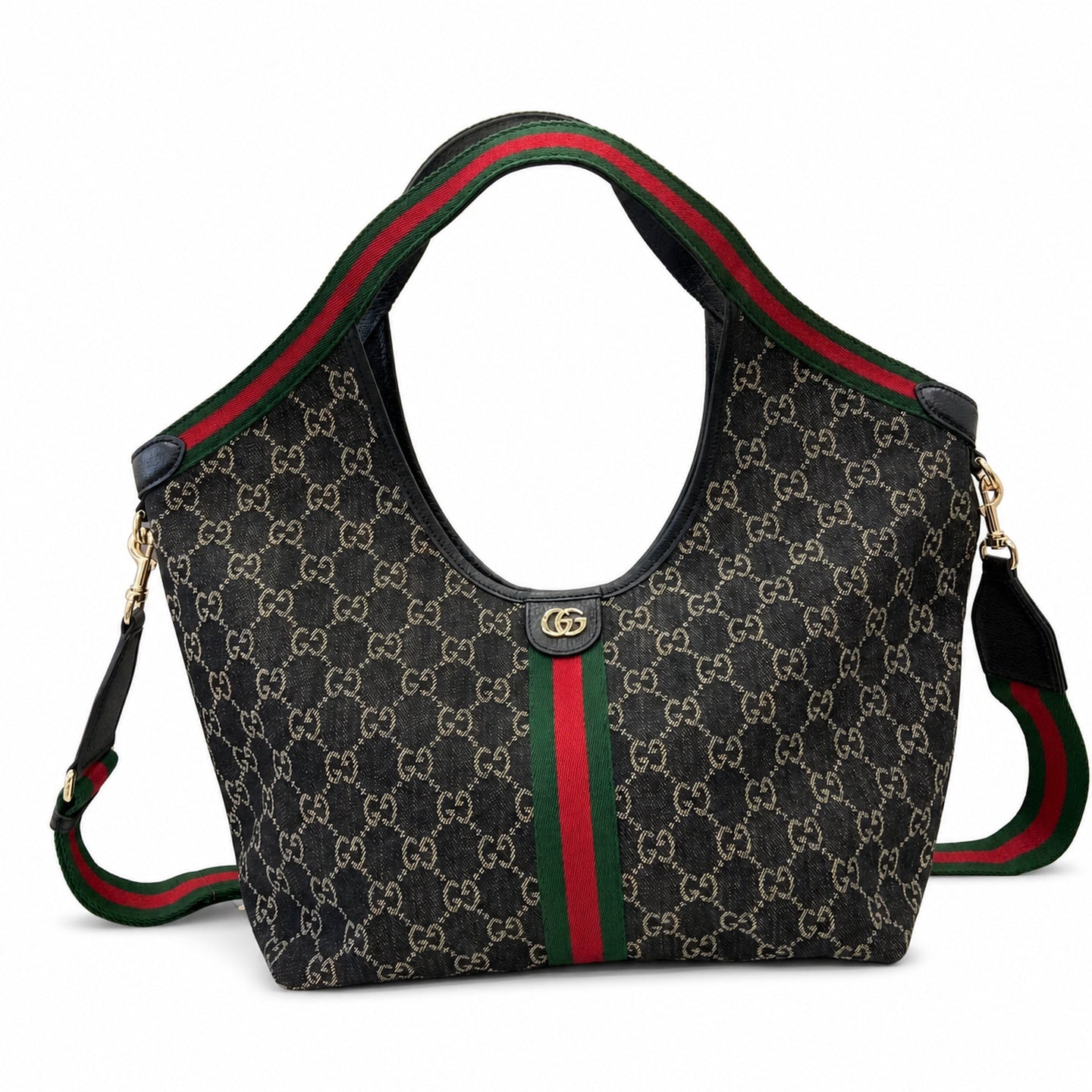 Gucci Giglio Cotton Denim Leather Black White Red Blue Gold Tote Bag