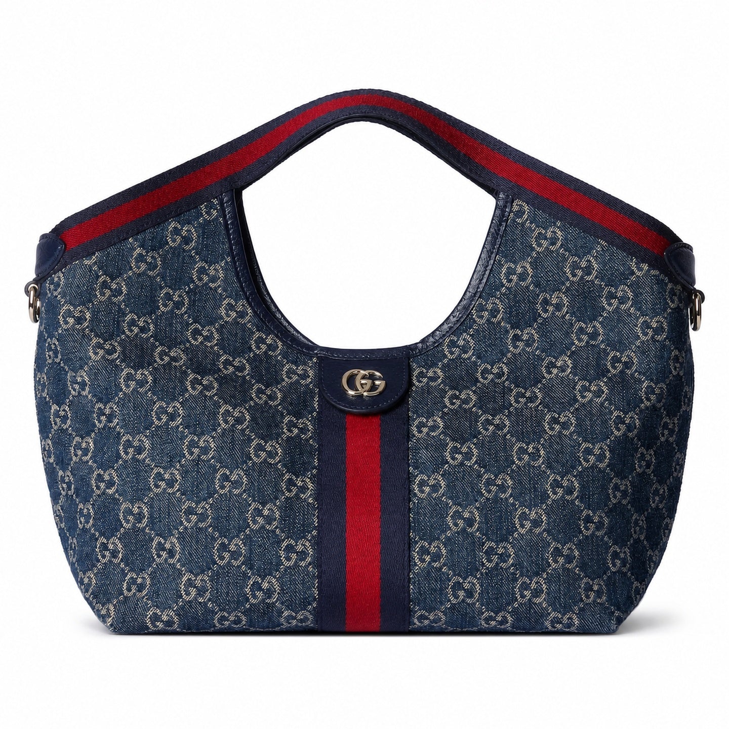Gucci Giglio Small Cotton Denim Canvas Leather White Brown Red Blue Gold Tote Bag